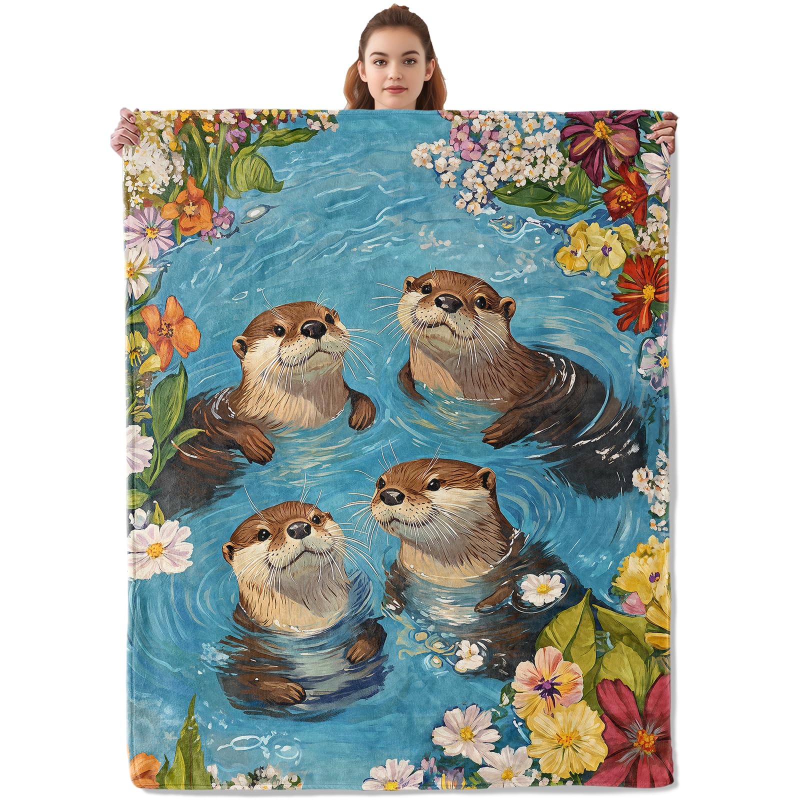 Kibue Adorable Otter Blanket - Soft & Cozy Warm Flannel Throw - Plush Lightweight Blankets for Travel, Sofa, Bedroom, Office - Gifts for Adults Women