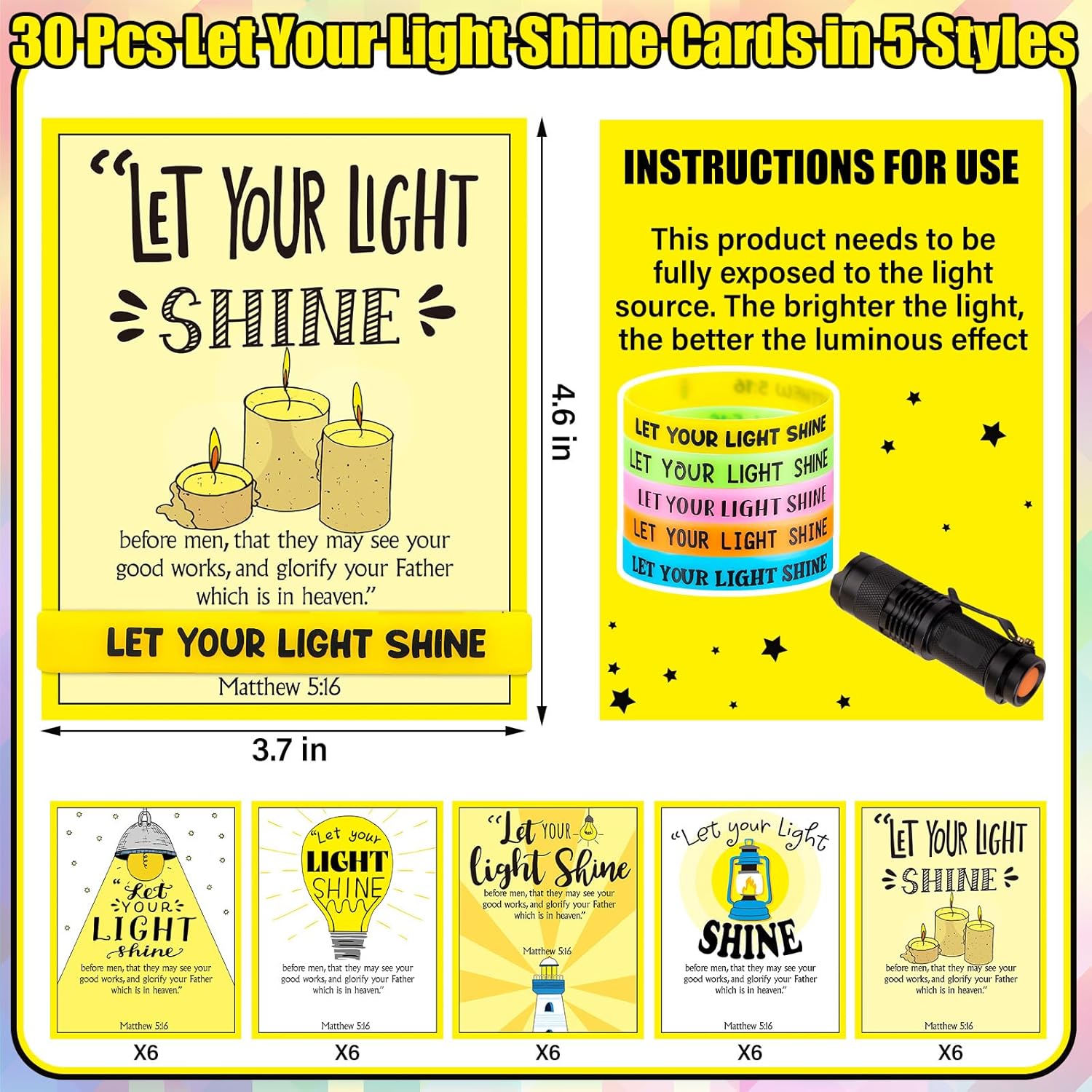 30 Sets/ 60 Pcs Christian Bracelets Gift Let Your Light Shine Matthew 5: 16 Wristbands with Bible Verse Card Glow in the Dark Religious Gifts Easter Church Sunday School VBS Christmas Favors