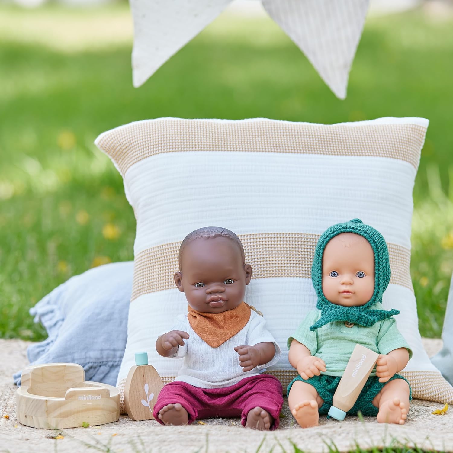 Miniland Imaginative Play for Dolls & Accessories, Reborn Baby Dolls, Toddler Toys, Cute Children Game, Babies Pretend Play Set, Comes with 7 Pieces and 1 Bag | ECO Wooden Care Set