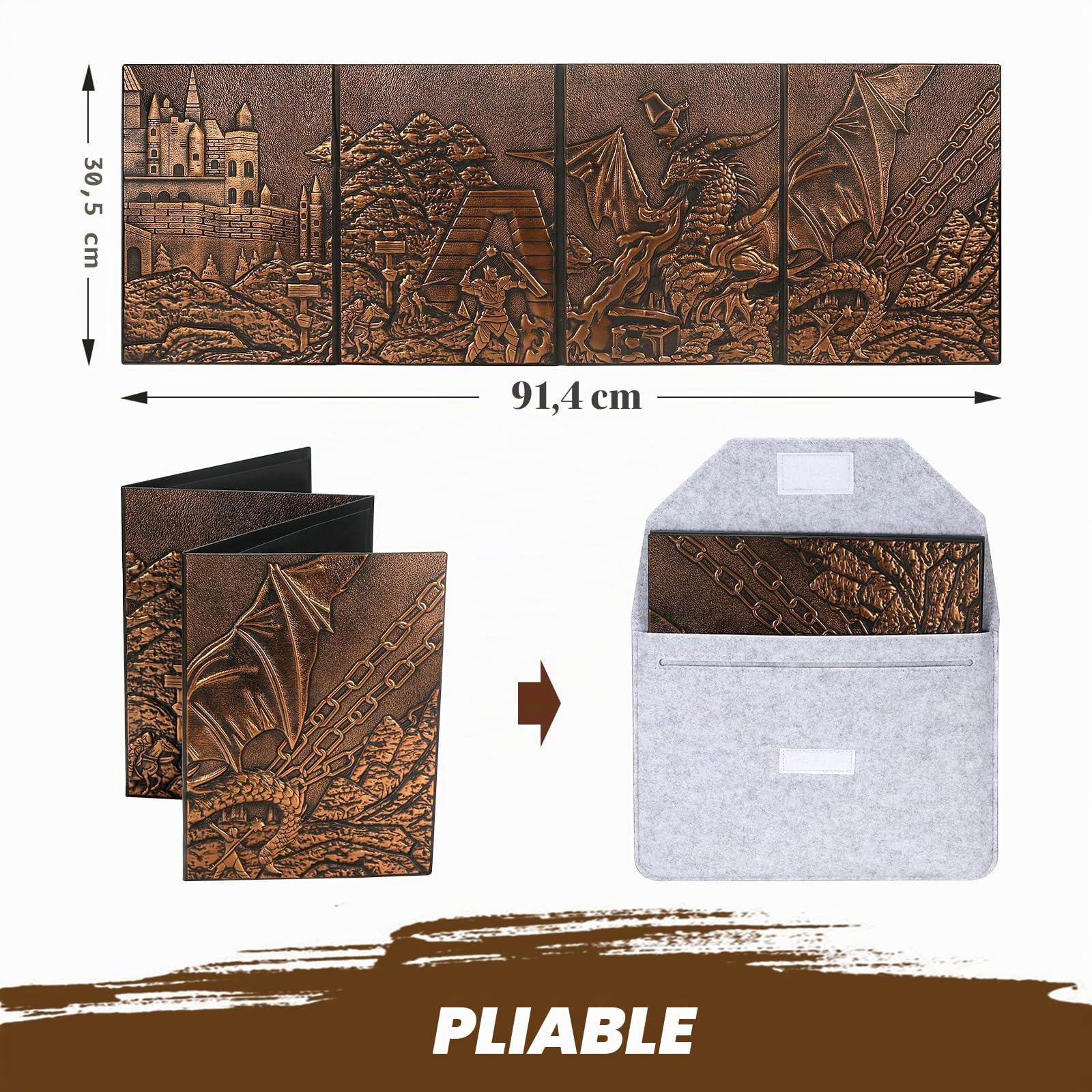 DNDND DM Screen 3D Dragons embossés en similicuir avec 4 poches à 4 panneaux, écran DND Master avec superbe étui cadeau à rabat pour D&D Donjons et Dragon (Cuivre)