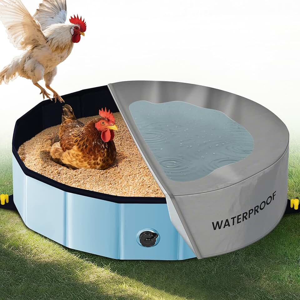 Chicken Dust Bath Tub - 32"D &amp; 8"H Foldable Chicken Coop Accessories to Mix Sand Chilli DE Or Lime Dust in Chicken House, Keep Poultry Hens, Rooster, Button Quail Healthy &amp; Clean, Double as Duck Pool