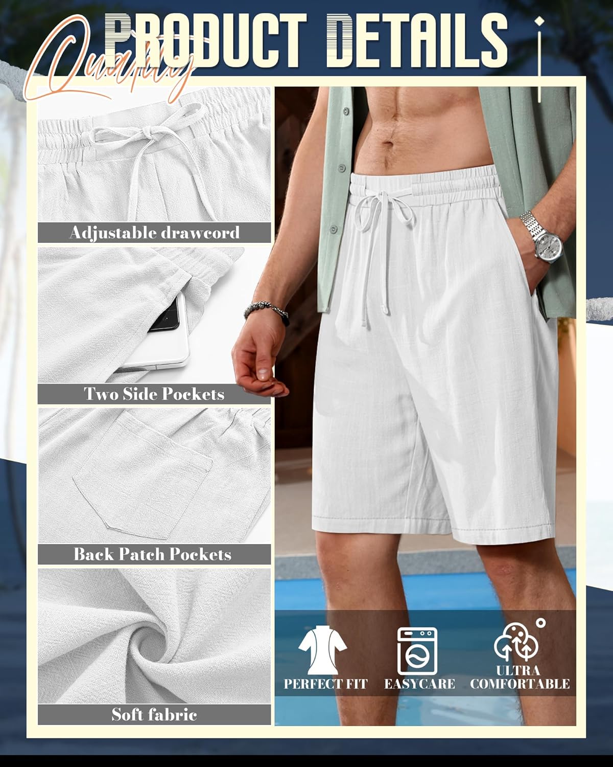 Ficerd 2 Pack Men's Linen Shorts, Elastic Waist Beach Pants with Drawstring Pockets Summer Casual Gym Vacation Shorts - Image 7