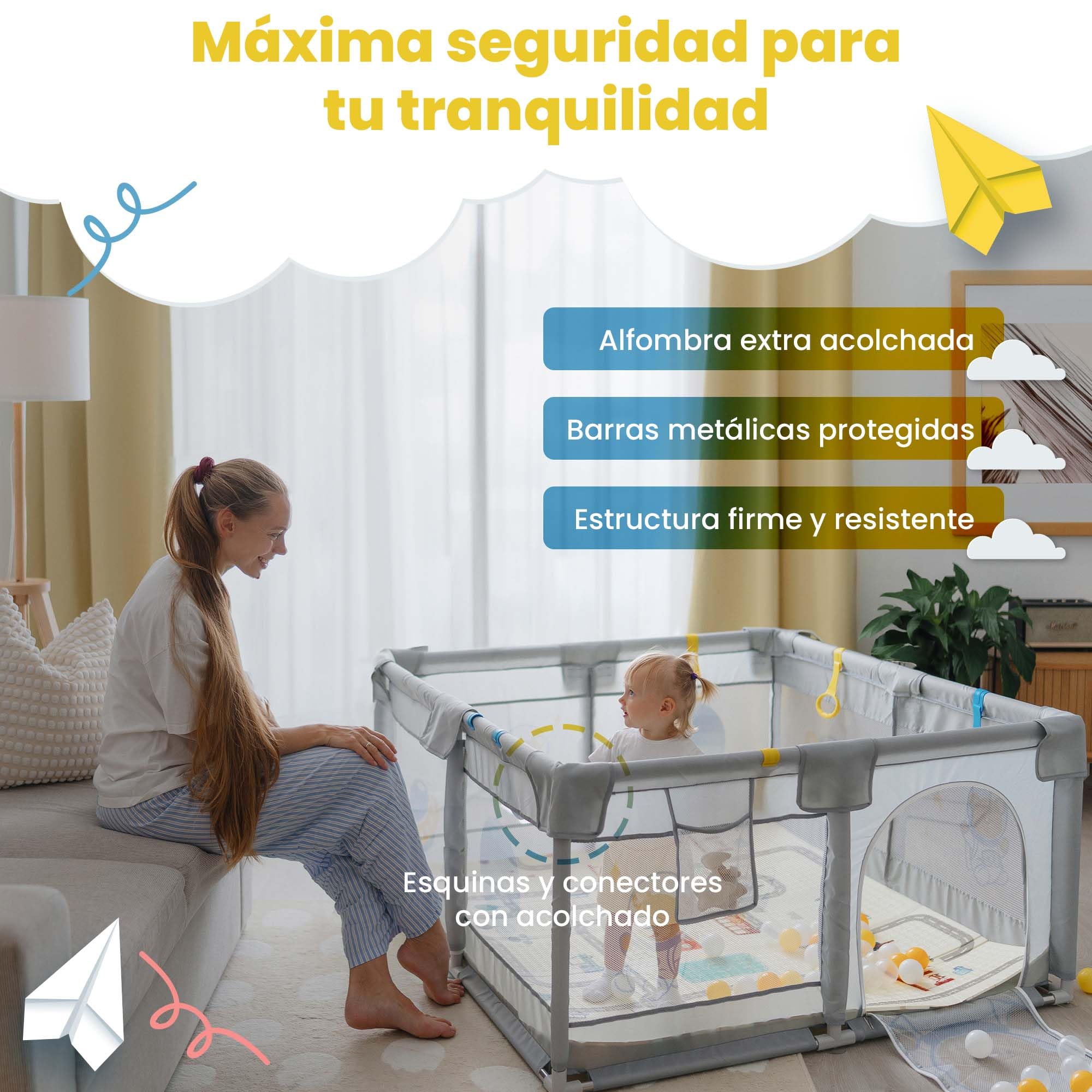 Parque Infantil Bebe 120x120cm - Alfombra Acolchada+ Juguete Mordedor+ Bolas+ 6 Anillas+ Bolsa Transporte - Parque Bebe Vista 360º - Playpen Baby Maxima Seguridad - Fácil De Montar Y Divertido