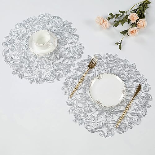 Miniatura 4 de Juego de 6 manteles individuales plateados de hojas redondas, antideslizantes, lavables, para cena, fiesta, decoración del hogar, centro de mesa de
