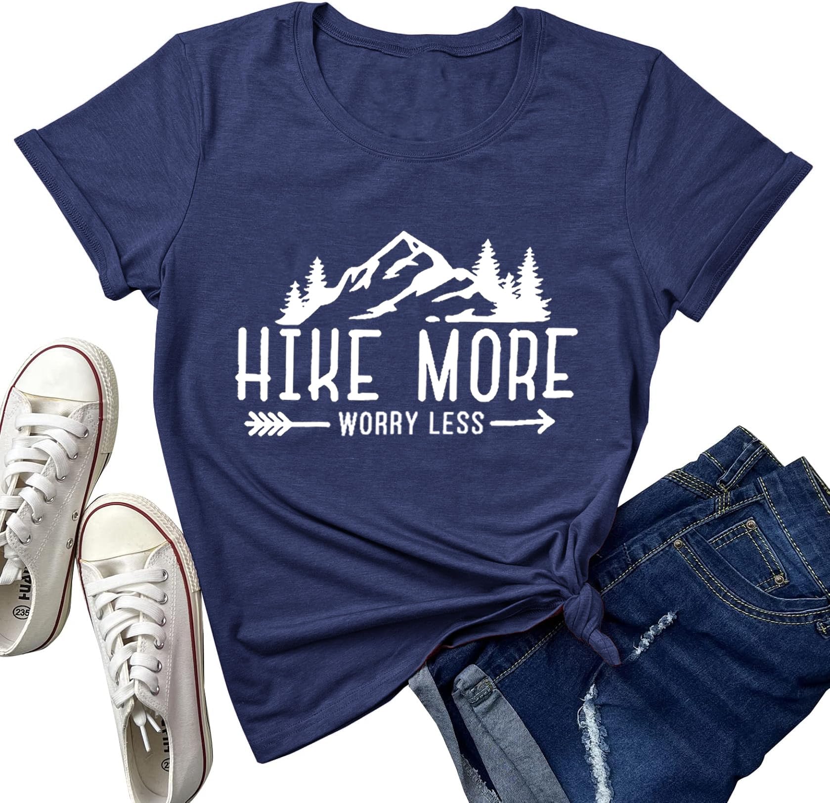 Hiking Shirt for Women Adventure Mountain Graphic Athletic Shirts Funny Hike More Worry Less Tee Tops