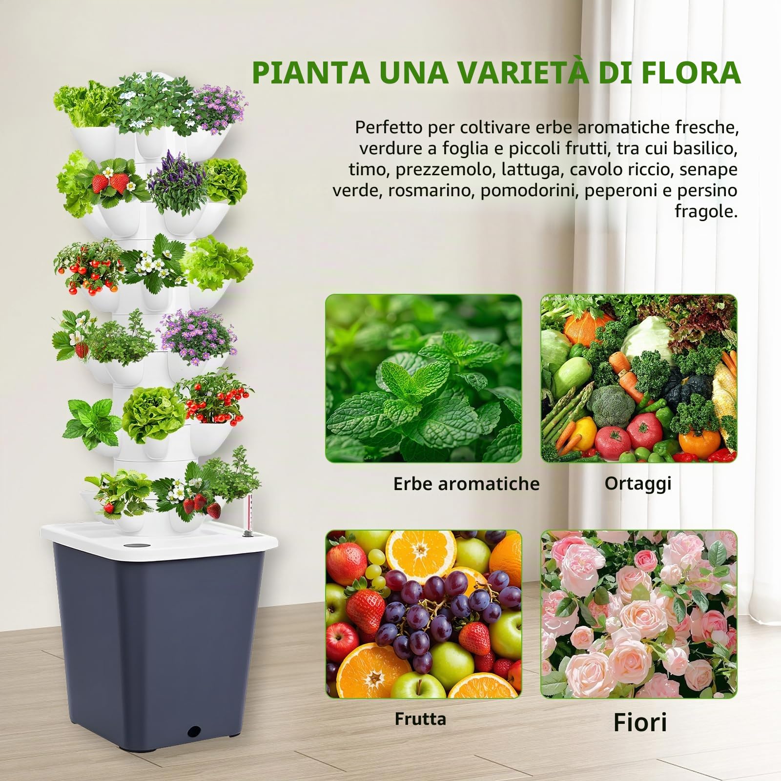 Sistema di coltivazione idroponica 30 baccelli Giardino a torre idroponica per erbe, frutta e verdure da interno, kit di coltivazione aeroponica con pompa idratante e serbatoio d'acqua mobile per gli