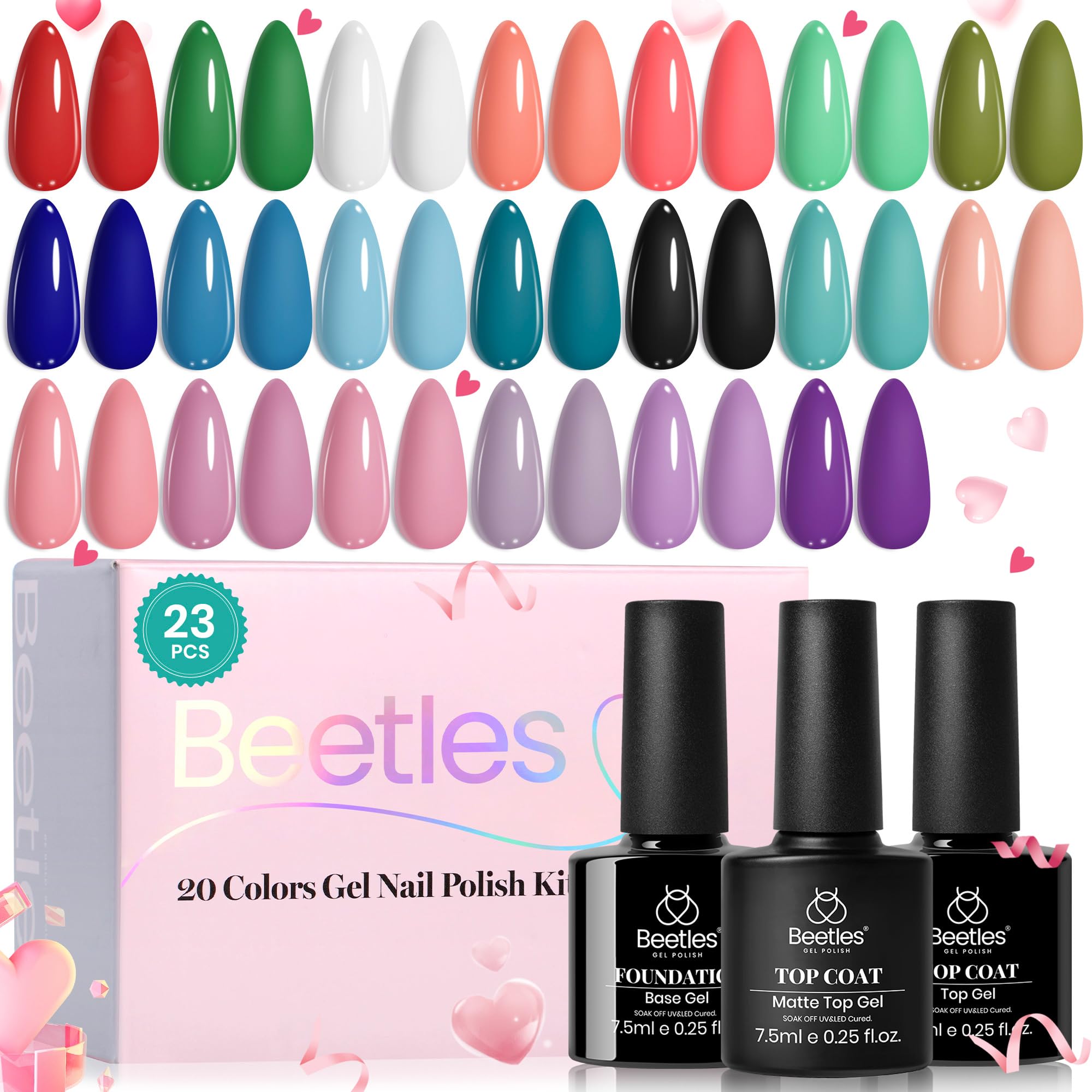 Beetles Gel Nail Polish Set 20 Colors White Black Nude Gel Polish with Base Coat Matte Glossy Top Coat Trendy Colors Uv LED Lamp Nails Gifts for Women Vibrant Subtle