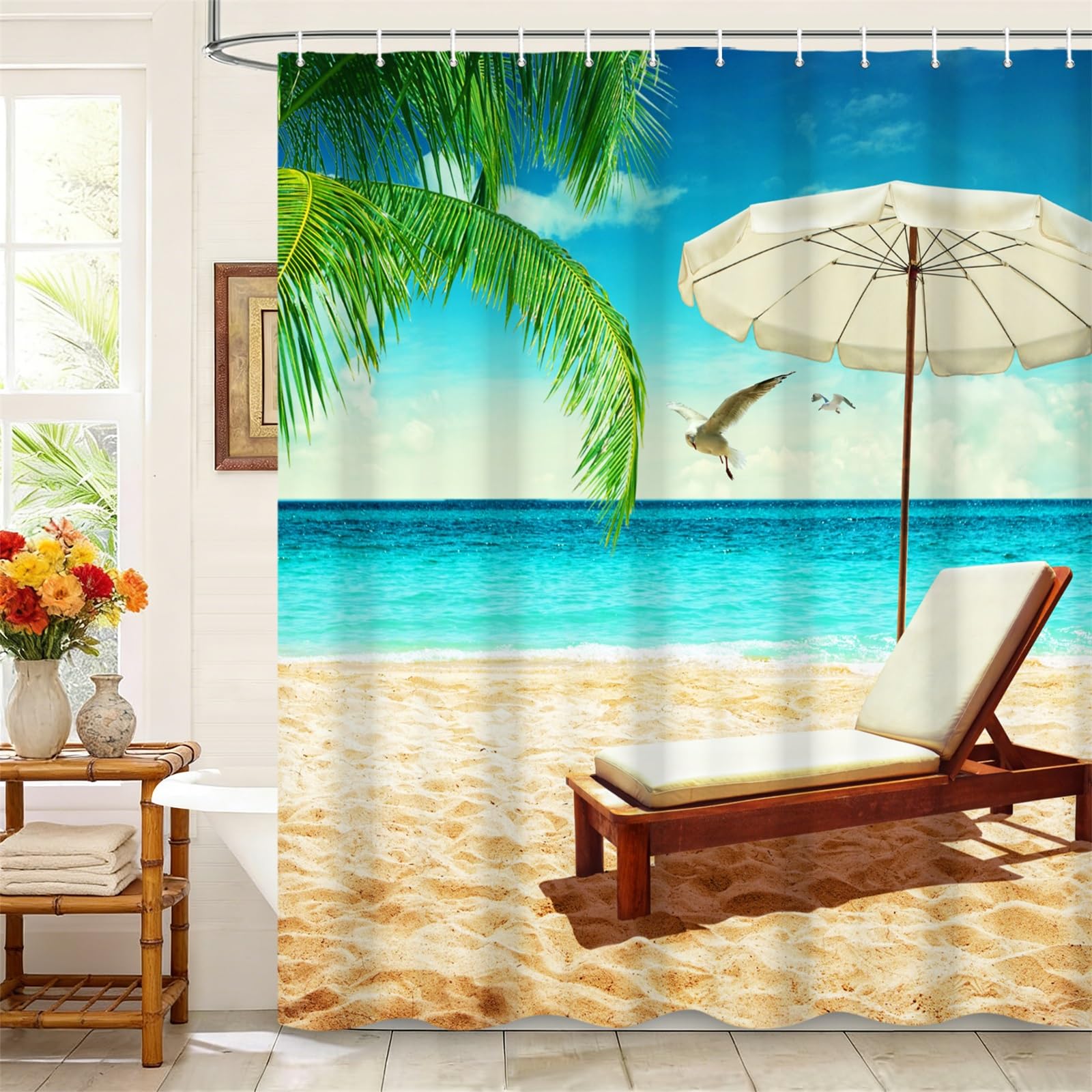 Kzzfqxb 105x160cm Shower Curtains with Plastic Hooks, Beach Scenery Blue Sea Sky Golden Sand Leisure Lounge Chair Waterproof Polyester Fabric for Bathtub, Natural Relaxable Decoration for Bathroom