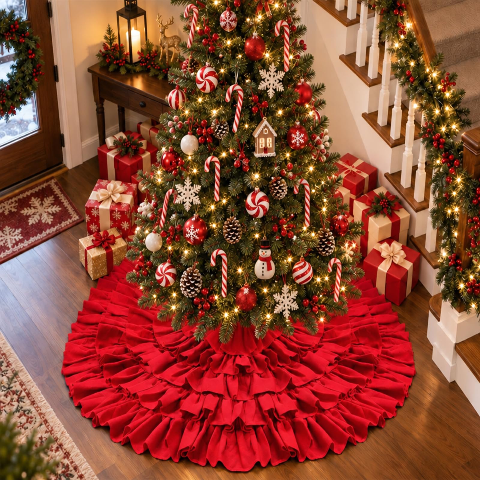 Weihnachtsbaumdecke Baumdecke Weihnachtsbaum 122 cm, Rot Weihnachtsbaumrock mit Rüschen, 6-Schicht Flauschig Tannenbaum Decke für Weihnachtsbaum künstlich Weihnachtsbaumschmuck Weihnachtsdekorationen Fashion