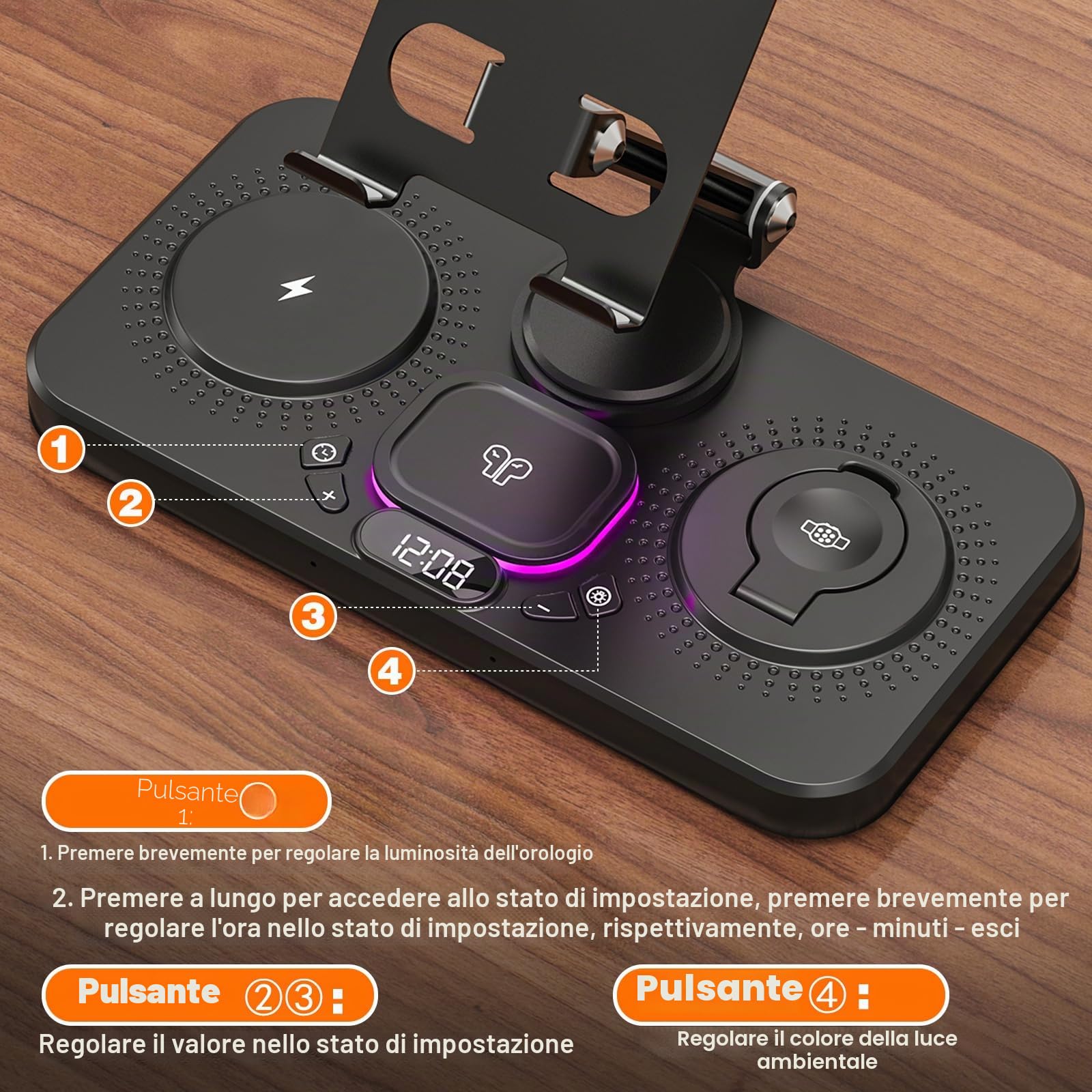 4 in 1 Stazione di Ricarica per iPhone, Supporto da Tavolo per Tablet con Caricatore Wireless, Ricarica Wireless per iPhone 16/15/14/13/12, iWatch, Auriculares | Supporto da tavolo regolabile per tablet con luce notturna a LED per iPad Pro Air Mini, table