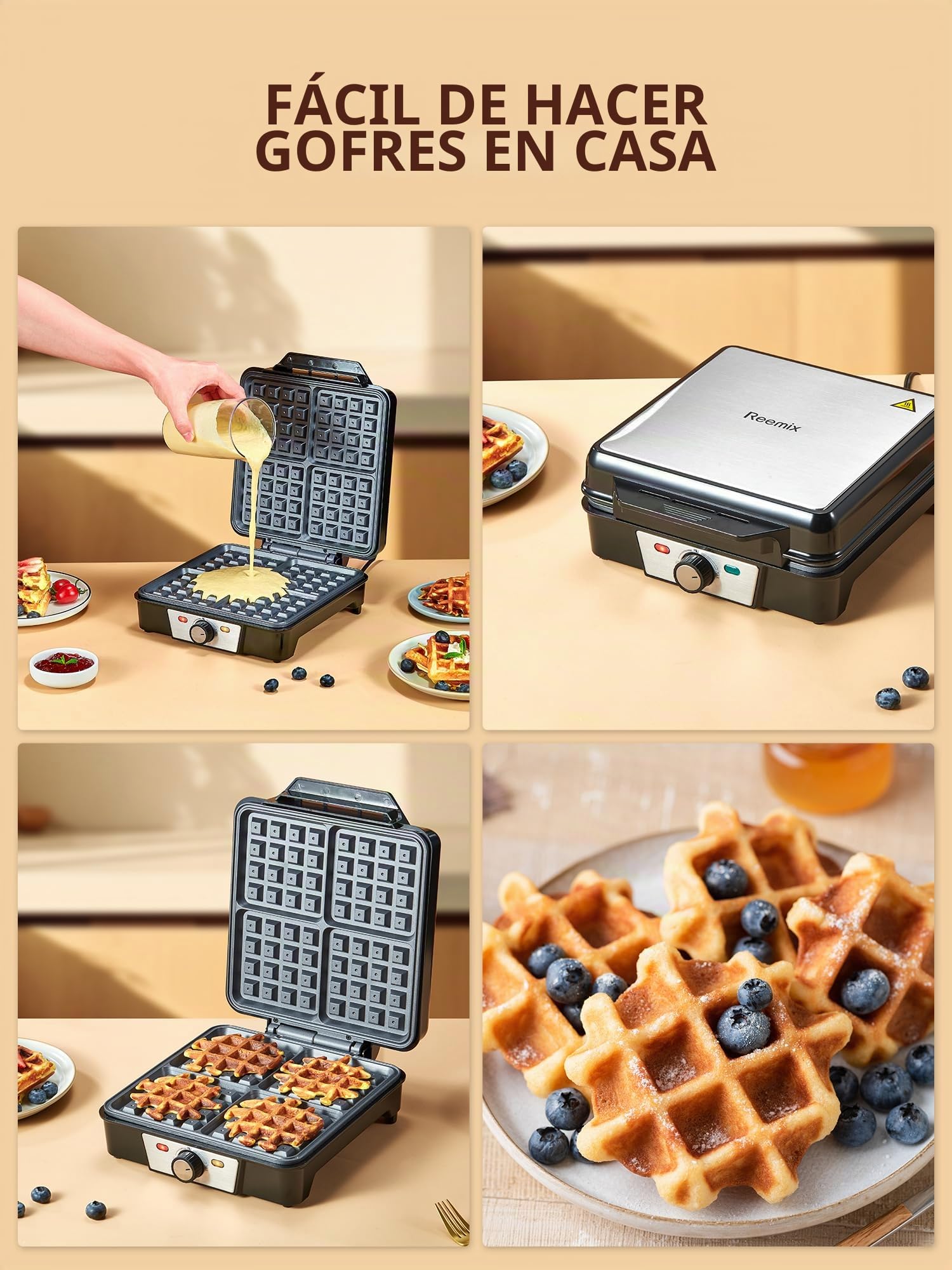 Gofre Belga, Reemix Gofrera de 4 Gofres, Máquina de Gofres de 1200 W para Temperatura Ajustable, Revestimiento Antiadherente, Acero Inoxidable, Indicadores luminosos