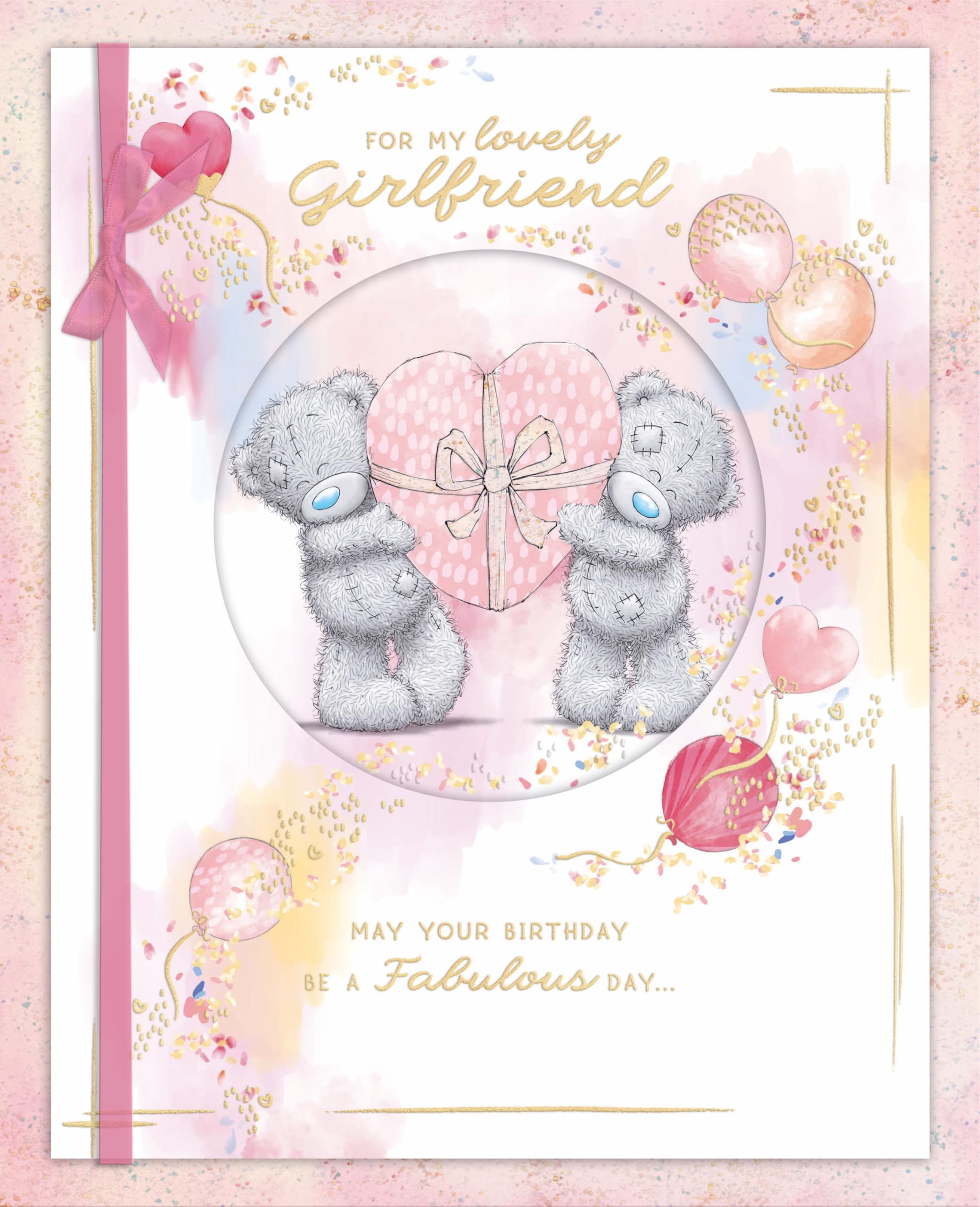 Me To You Tatty Teddy Cute Boxed Handmade Birthday Card For My Lovely Girlfriend, Tatty Teddy Hold A Pink Wrapped Heart 20 X 25cm - Official Collection