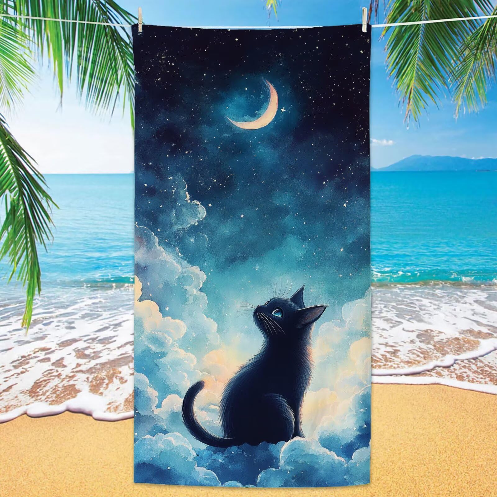Ręcznik plażowy, księżyc, mikrofibra, 100 x 220 cm, kot, 2 sztuki, szybkoschnący, ultra cienki, lekki, kompaktowy, z torbą, dla kobiet i mężczyzn, na kemping, fitness, urlop, YJ-927