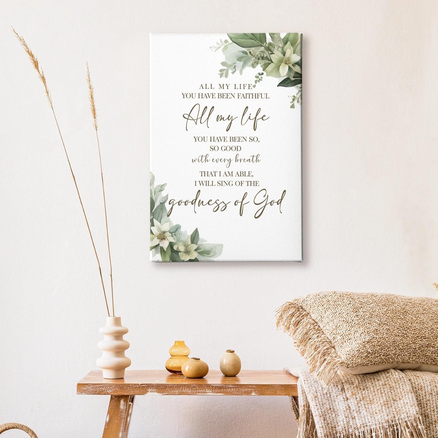 HIWX Christian Wall Decor, All My Life You Have Been Faithful Bible Verse Botanical Framed Canvas Painting Wall Art Decor, Religious Wall Art Home Decoration for Bedroom Living Room Church, 24x36