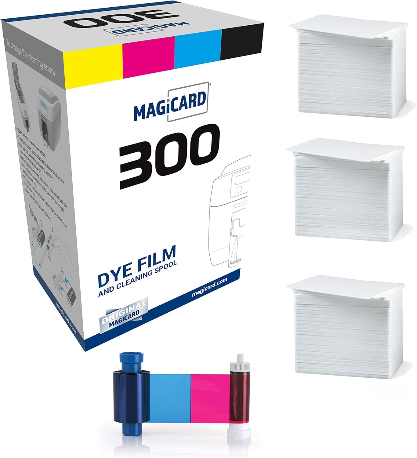 Magicard 300 Printer 2 x MC300YMCKO Color Ribbon - YMCKO - 600 Prints (Total) with Bodno Premium CR80 30 Mil Graphic Quality PVC Cards - Qty 300