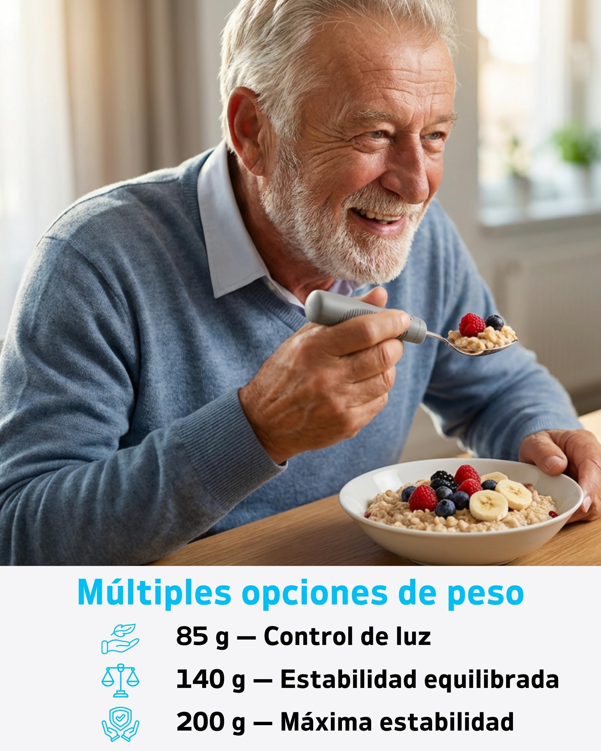 Cubiertos Adaptados con Peso – Cubertería para Temblor de Manos y Párkinson, Cuchillo Basculante a 42°y Cuchara Profunda, 142 g (Gris, para Diestros)
