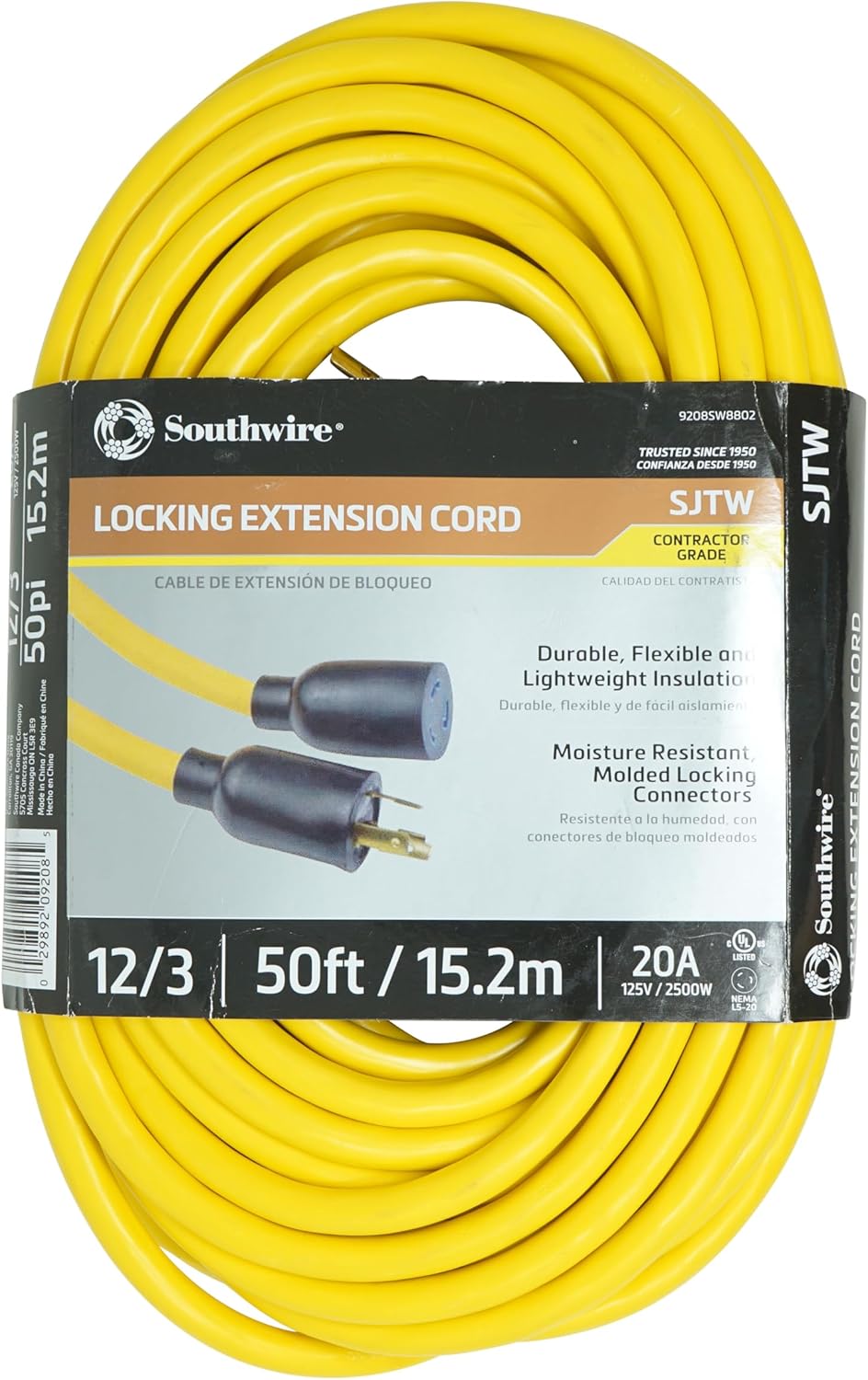 Southwire NEMA L5-20P to L5-20R 12/3 SJTW 300-Volt Extension Cord; 50-Foot; Yellow, 9209SW8802