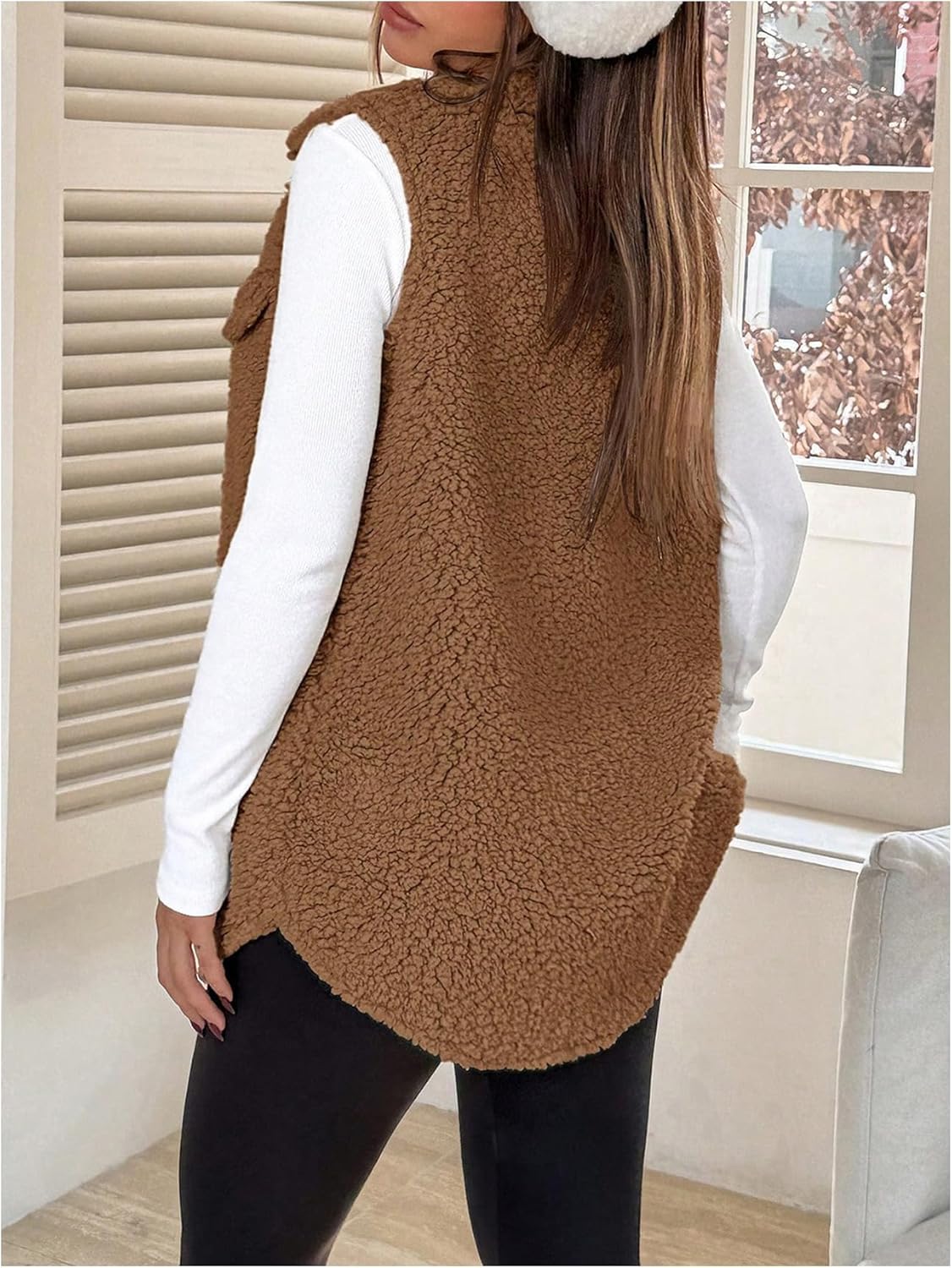SHENHE Women's Sherpa Vest Button Down Collar Sleeveless Warm Fuzzy Fleece Sherpa Long Vest Coat - Image 2
