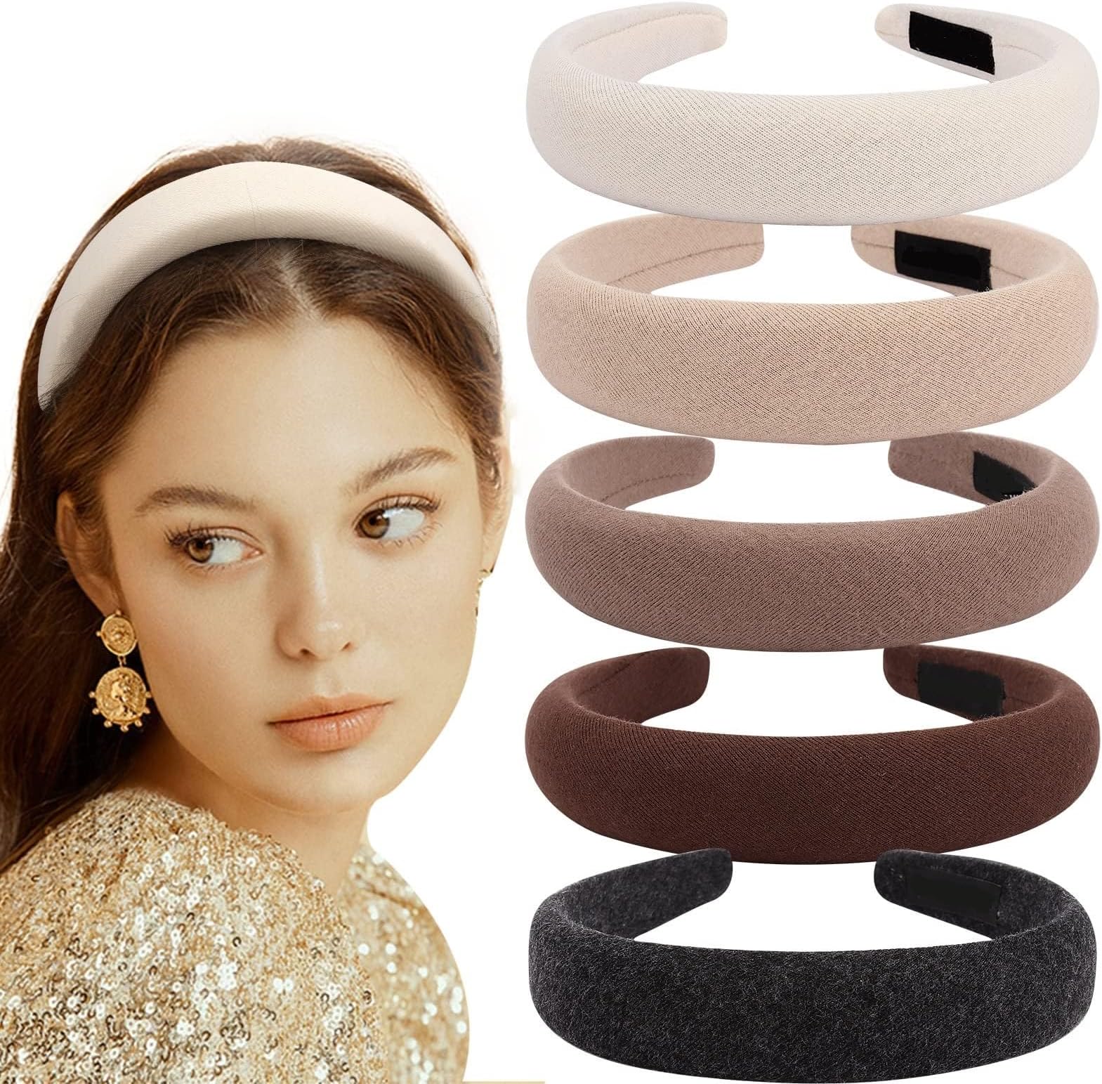 5 Pack Headbands for Women, Sponge Headbands Padded Headbands with Soft Fabric Plain Head Bands for Women's Hair, Fashion headbands Thick Headbands for Girls Hair Accessories for Women