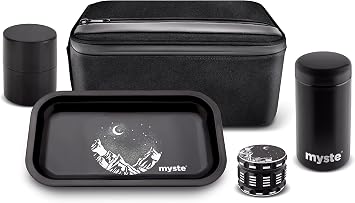 MYSTE L Stash Box with Accessories, Big Grinder 63 mm, 500ml Glass Jar, Smell Proof Combo Set, Stashbox Combo Kit Lockable Large Rolling Tray Set with Lock, with Herb Grinder