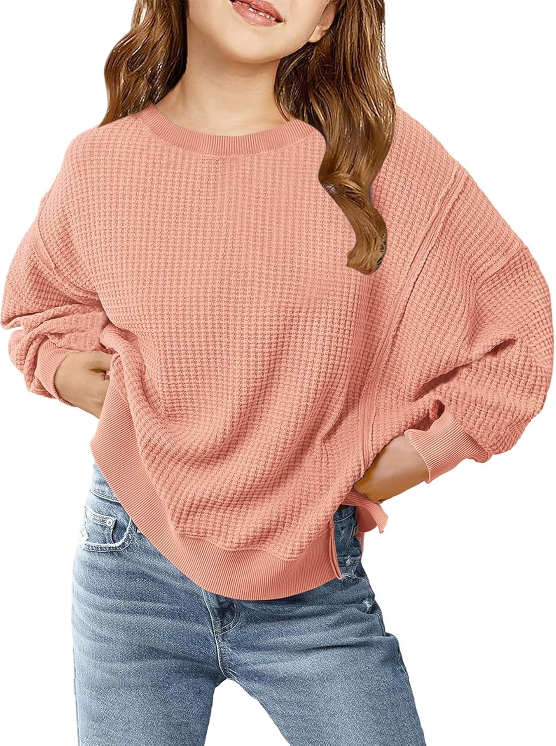 Floral Find Girls Casual Crewneck Long Sleeve Waffle Sweatshirt Side Split Loose Pullover Top