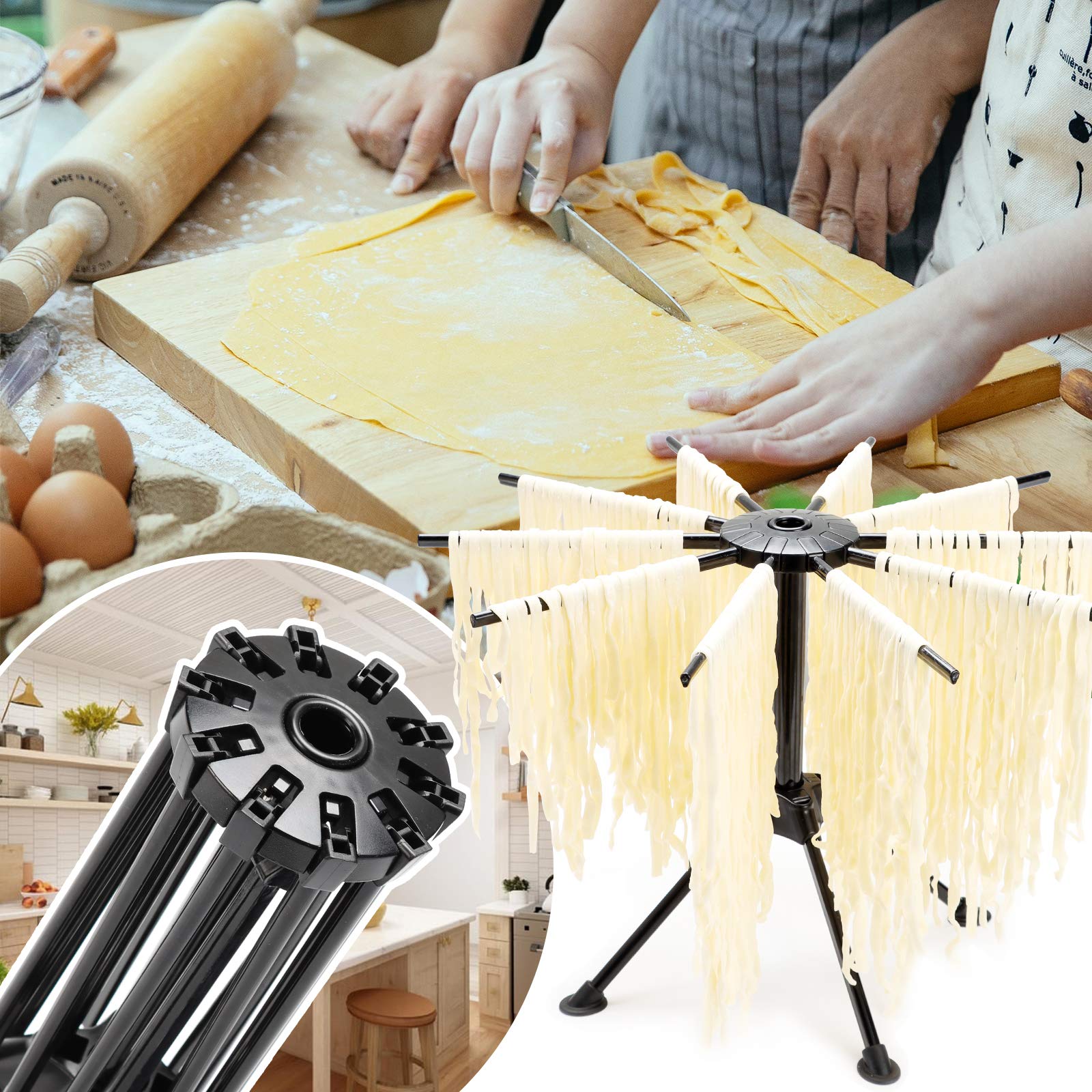 Cambom Estante plegable para secar pasta, secador de fideos de plástico con 10 asas de barra (negro)
