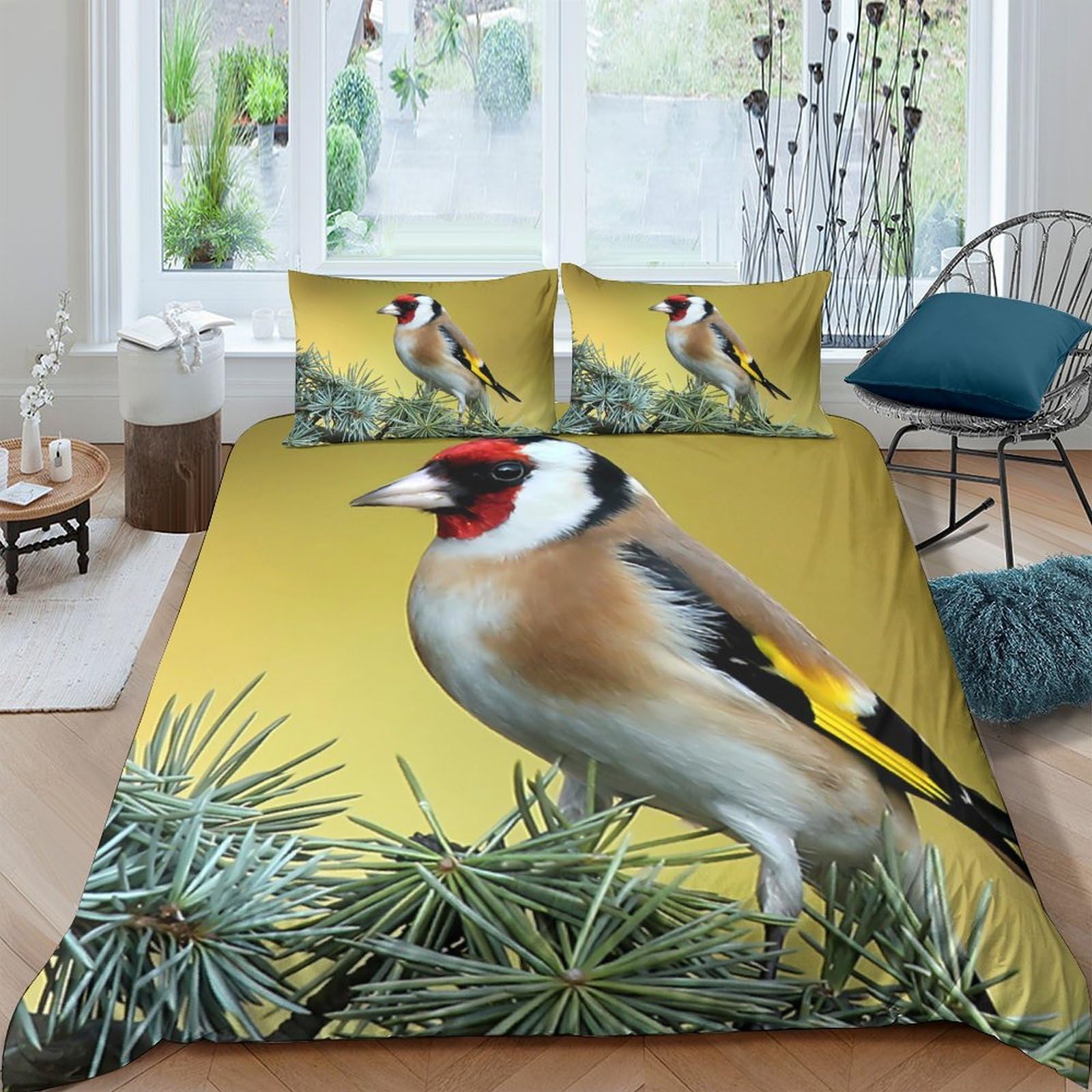 Ctjqhvkz Style-3 3D Printed Goldfinch Bird Fitted Sheet Microfiber Soft Anti-Slip Pine Branch Bed Cover Bedroom Decor Single（135X200cm）
