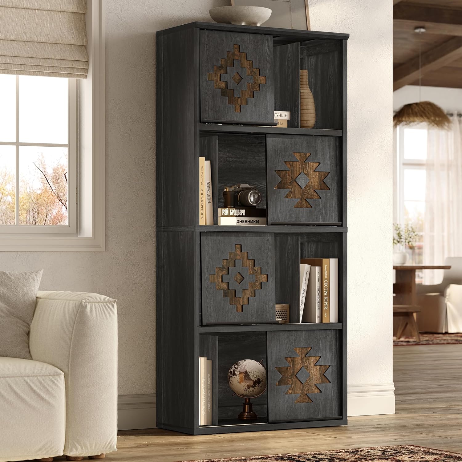 Bookcase & Bookshelf with Movable Bookends, 4-Tier Open Storage Shelves, Beveled Gliding Doors, Large Wooden Display Cabinet for Living Room, Home Office, Bedroom, Black