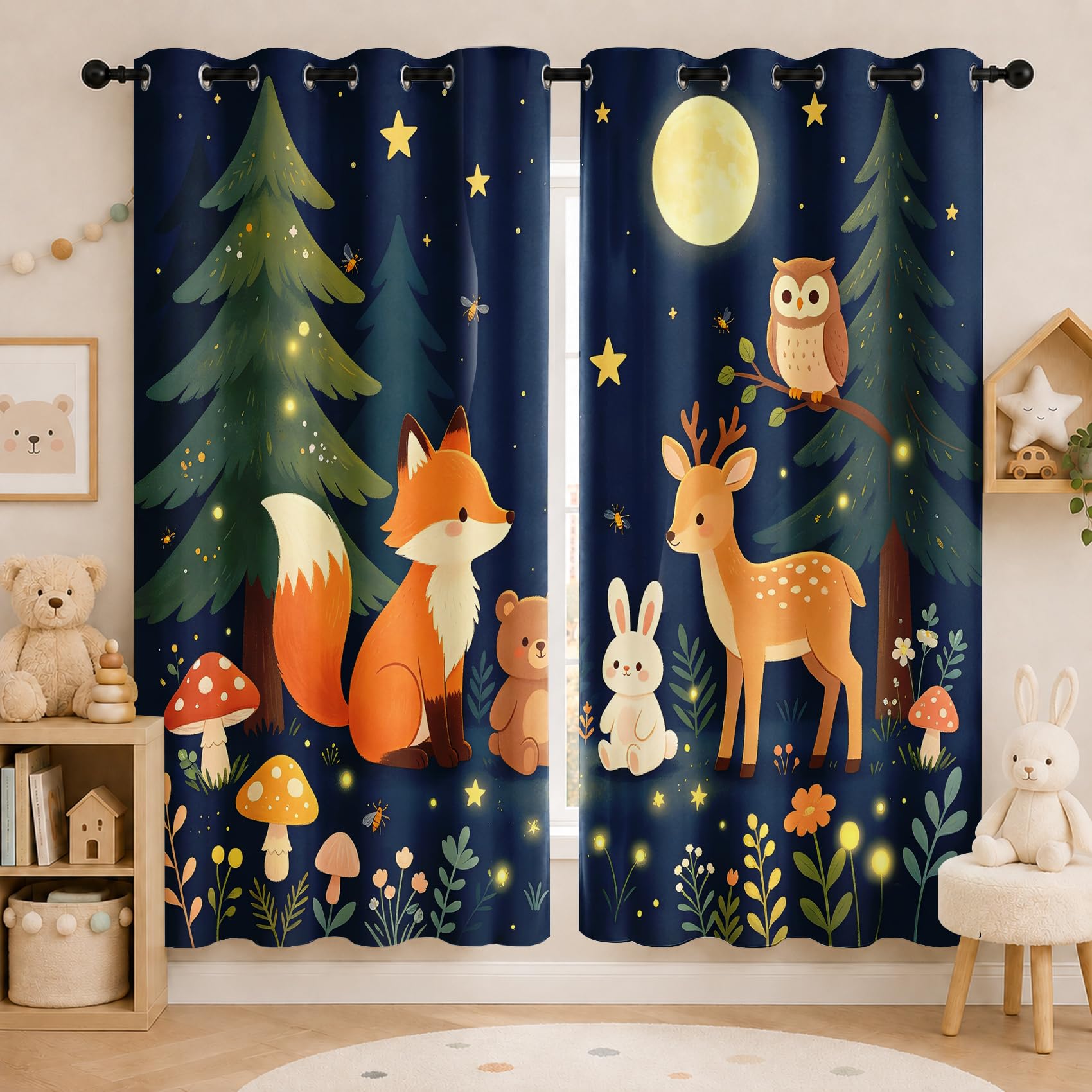 Generisch Cartoon Waldtiere Blickdichte Vorhänge mit Ösen 2 Stücke | Nacht Wald Wildtiere Thermovorhang Verdunkelung, Deko Gardinen für Schlafzimmer Wohnzimmer Kinderzimmer 214 x 132 (HxB)