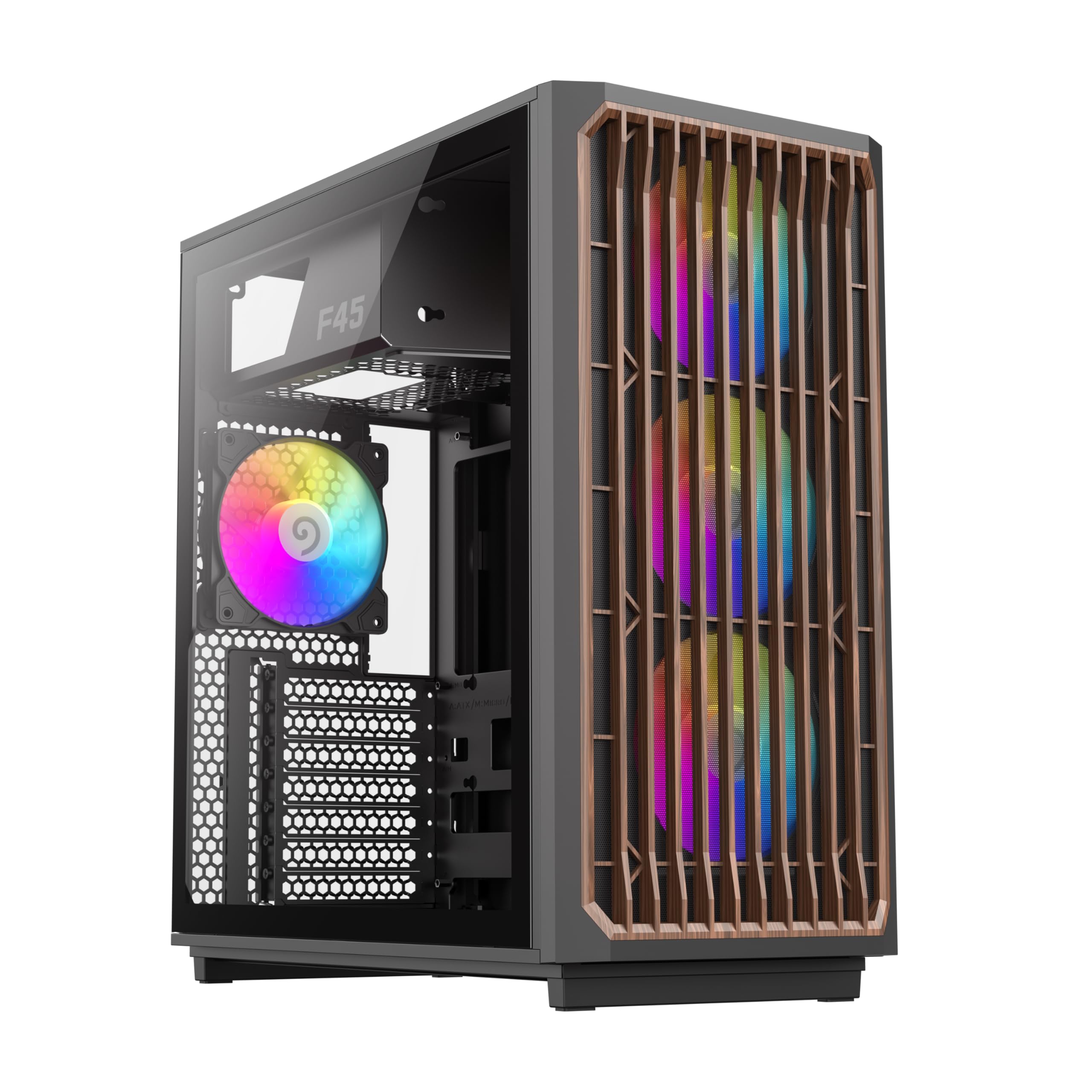 GAMEMAX F45 ATX PC Case, Medium Black, with Wooden Decor, 4 ARGB PWM