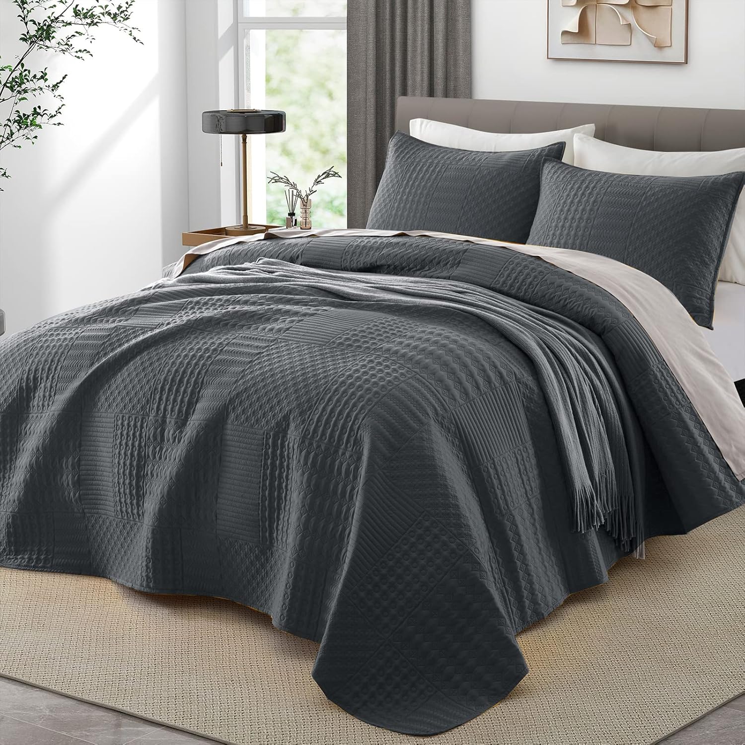 Safonory Dark Grey Quilt Set Full/Queen Size(90"x96