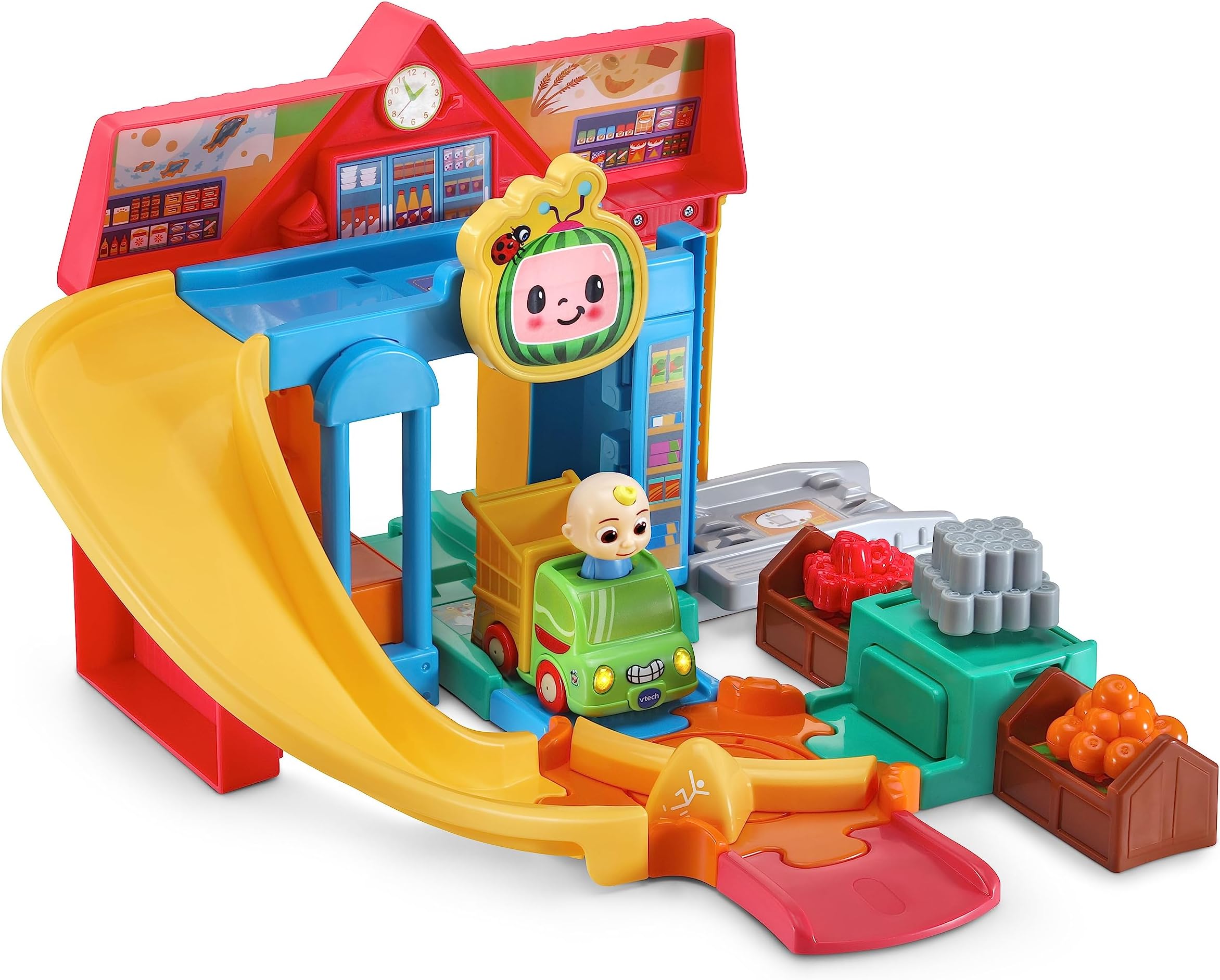 CoComelon Toot-Toot Drivers Cart Racers Grocery Store Track Set, Vehicle Playset for Kids, Lights, Songs from Official CoComelon, Includes JJ's Race Car for 1, 2, 3, 4 + Years, English Version