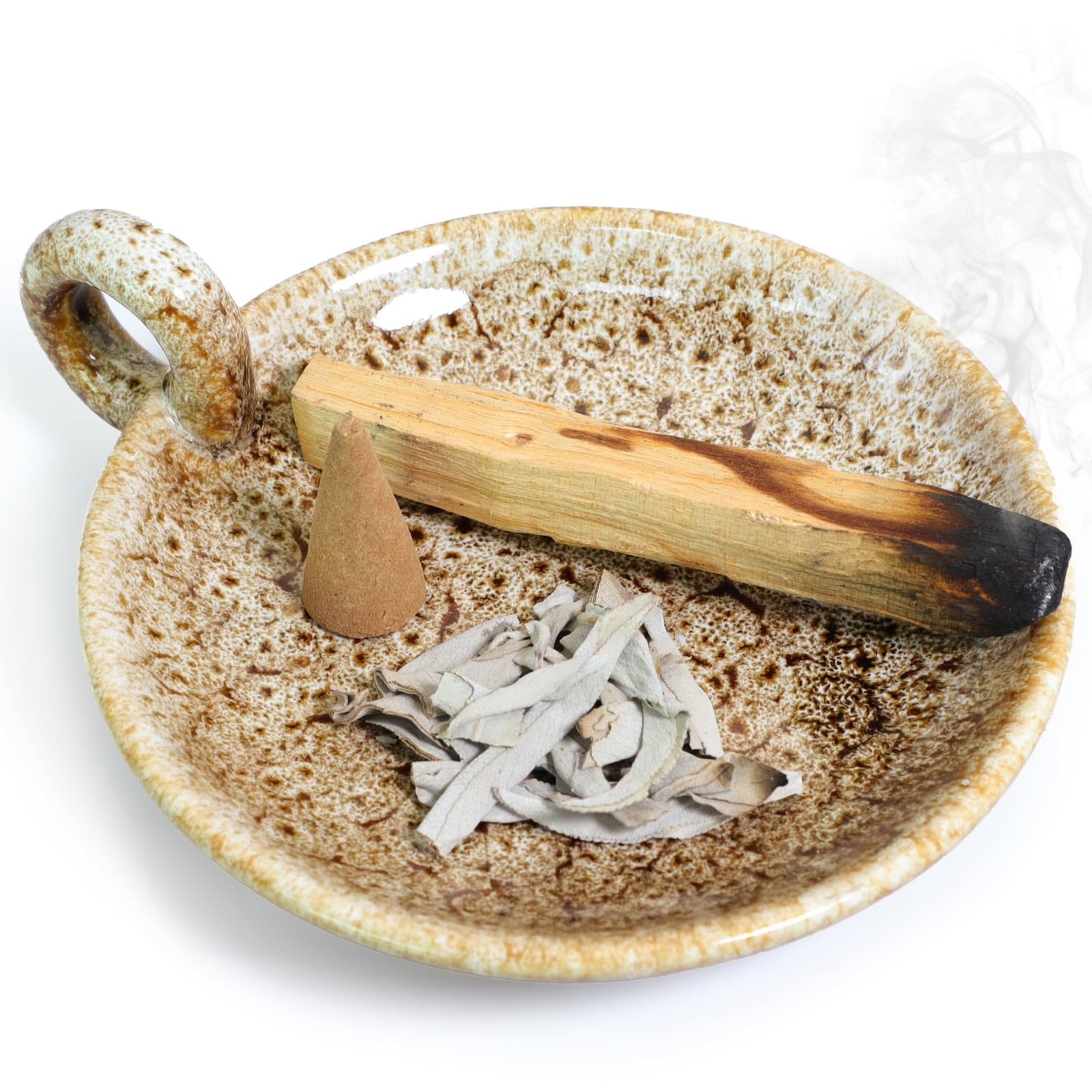 Porta Incenso In Ceramica Marrone Scuro 4-in-1 – Per Palo Santo, Salvia E Bastoncini, Con Pinzette E Spazzola