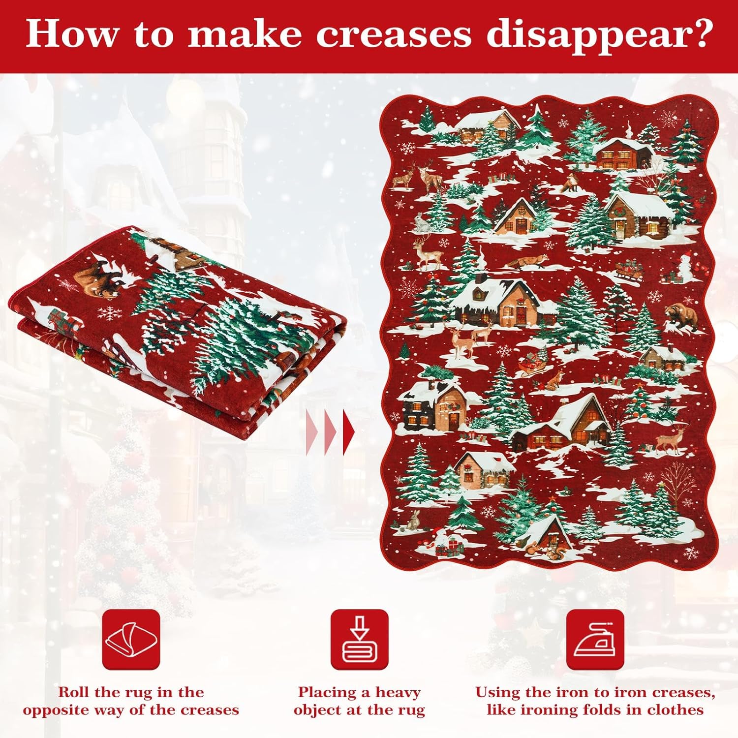 LIVEBOX Chrisrmas Rugs Washable 3x5 Area Rug, Red Rug for Living Room, Xmas Chrisrmas Tree Rugs for Entryway Bedroom, Scalloped Rug Non Slip Carpet Indoor Door Mat for Dining Room Holiday Decor