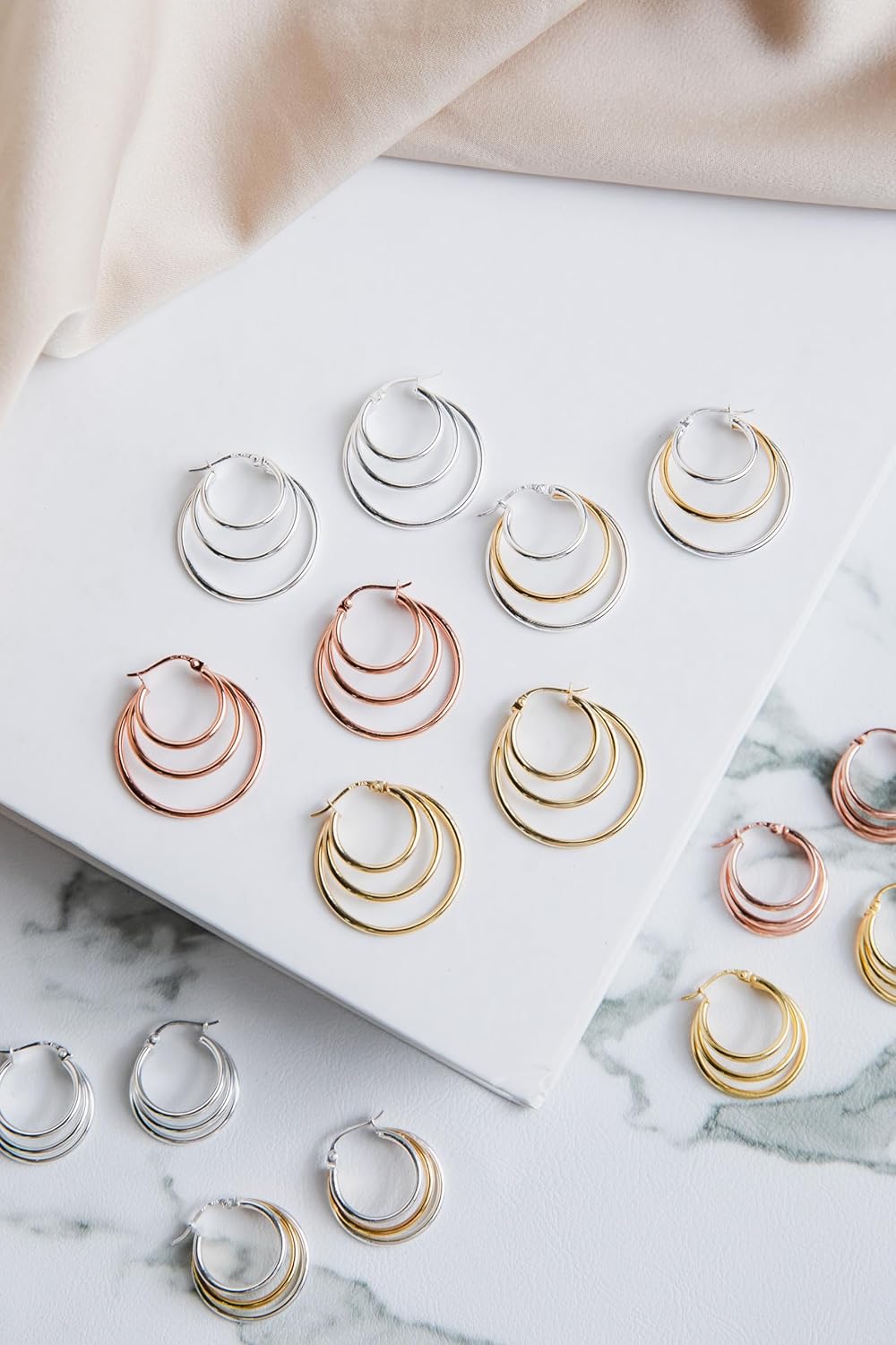 Hoops & Loops 925 Sterling Silver Triple Hoop Earrings for Women, Layered Stacked Trendy Round-Tube High Polished Hoops, Two-Tone 14K Gold, Rose Gold Flash Plated 20mm, 25mm, 30mm, 35mm - Image 7