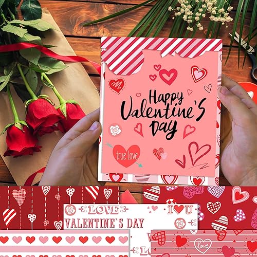 Miniatura 7 de 24 hojas de papel con patrón de San Valentín de 11.8 x 11.8 in, papel de corazón de amor, papel de manualidades rojo y rosa para manualidades,