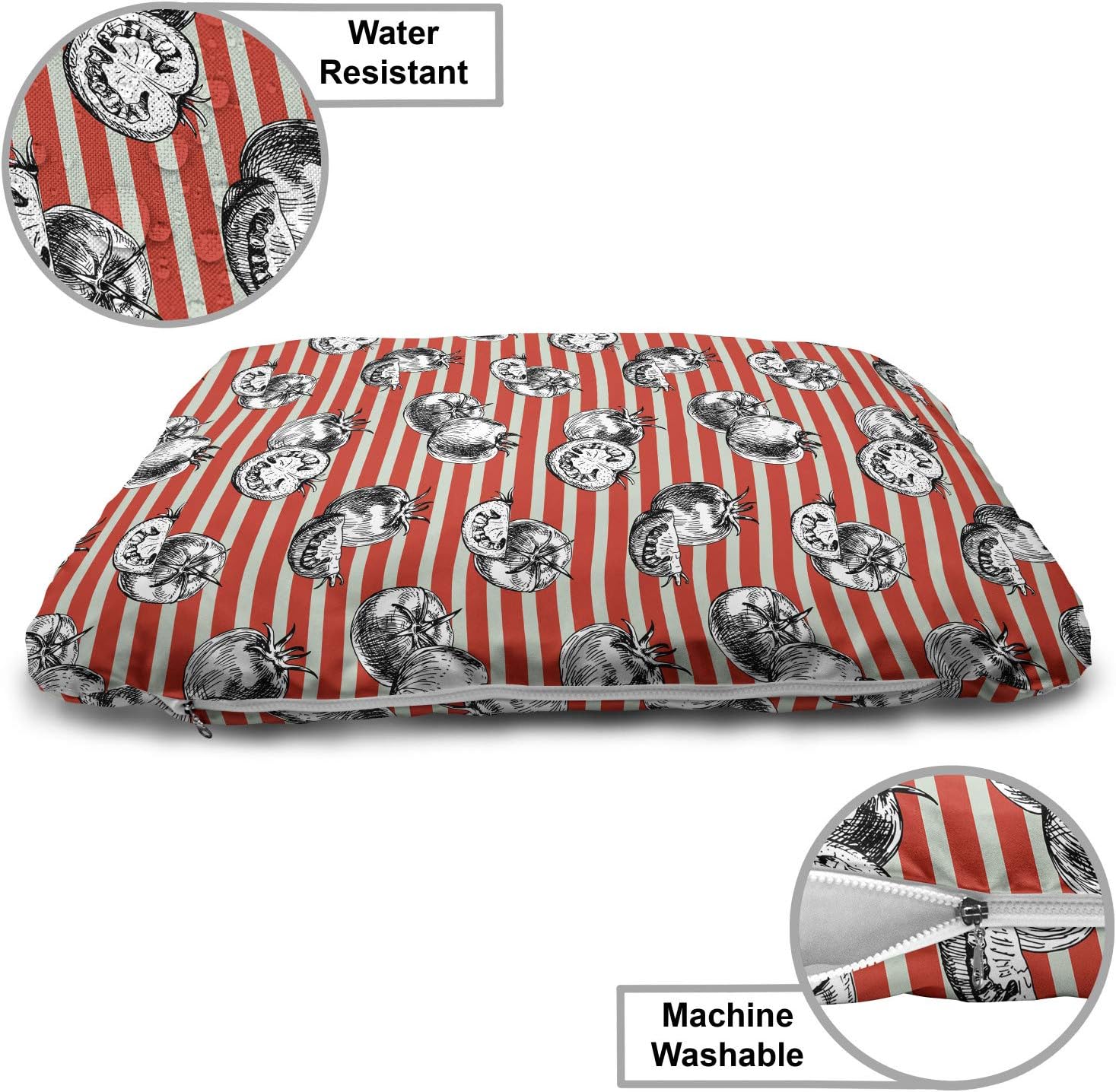 review Lunarable Vegetable Pet Bed, Hand Drawn Tomatoes Halved Quartered Striped Backdrop, Chew Resistant Pad for Dogs and Cats Cushion with Removable Cover, 24