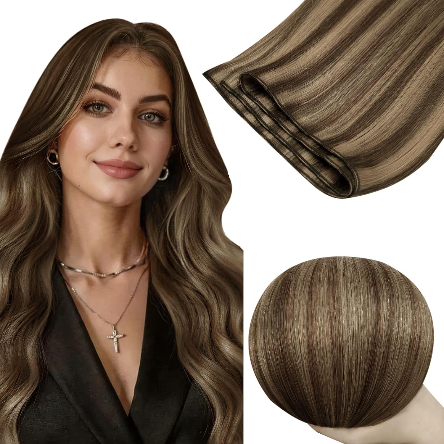 RUNATURE Sew in Hair Extensions Real Human Hair Brown Weft Hair Extensions Human Hair 22 Inch Long Sew in Extension Hair Weft Brown Highlight Blonde Weft Hair Extension Tangle-free Hair 100g