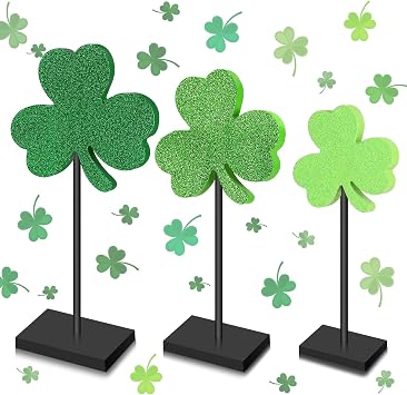 3 Pcs St Patricks Day Table Decor Shamrock Decorations Irish Green Clover Wood Block Sign for Saint Patrick Day Centerpiece Home Shelf Office Party Tiered Tray DecorGlitter