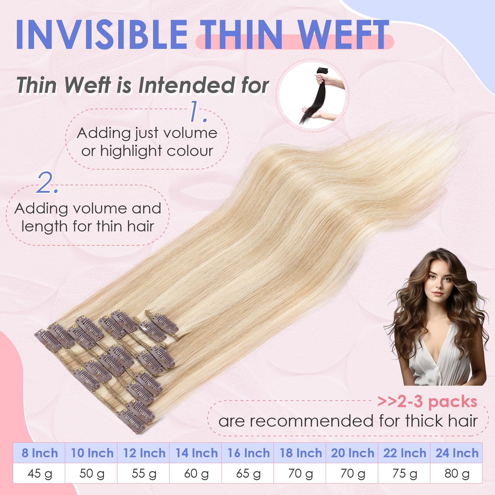 Elailite Clip in Hair Extensions Real Human Hair - 8 Pieces Thin Weft Full Head Remy Hair Straight - #18/613 Ash Blonde Mix Bleach Blonde - 8 Inch (45 g) — view 6