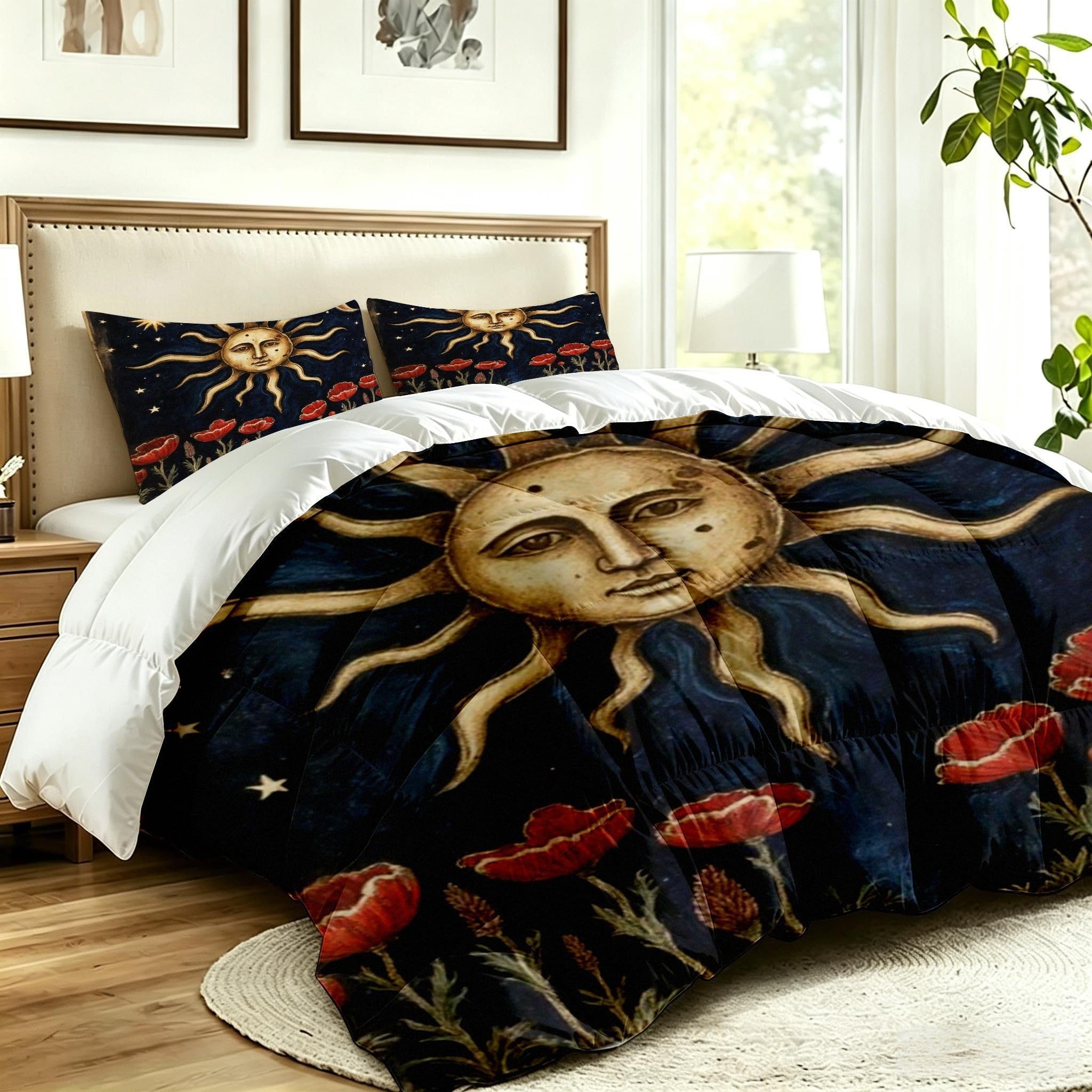 Ensemble Lit Complet 160x200 cm Soleil Fleurs Lune, Housse en Microfibre Imprimée et Duvet Coton 4 Saisons, Comprend 2 Taies, Excellence et Qualité Supérieure, Chaud et Respirant-F204