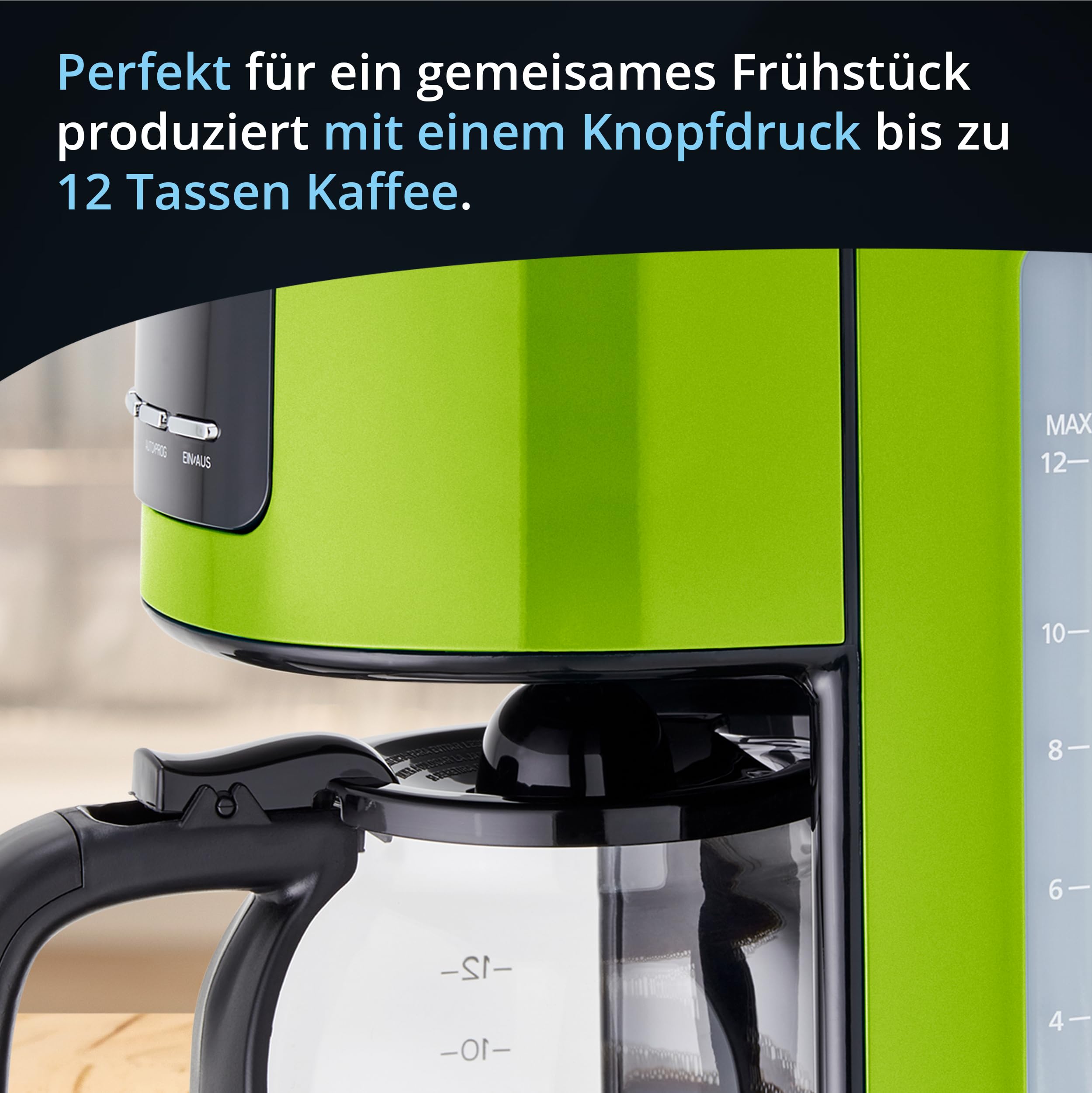 KHG Kaffeemaschine KA-184 (L) in Grün, 12 Tassen, 1,5L, 900W, Abschaltautomatik, Permanentfilter, Glaskanne und Filterhalter spülmaschinengeeignet, Timer-Funktion, LCD-Display, Tropfstopp