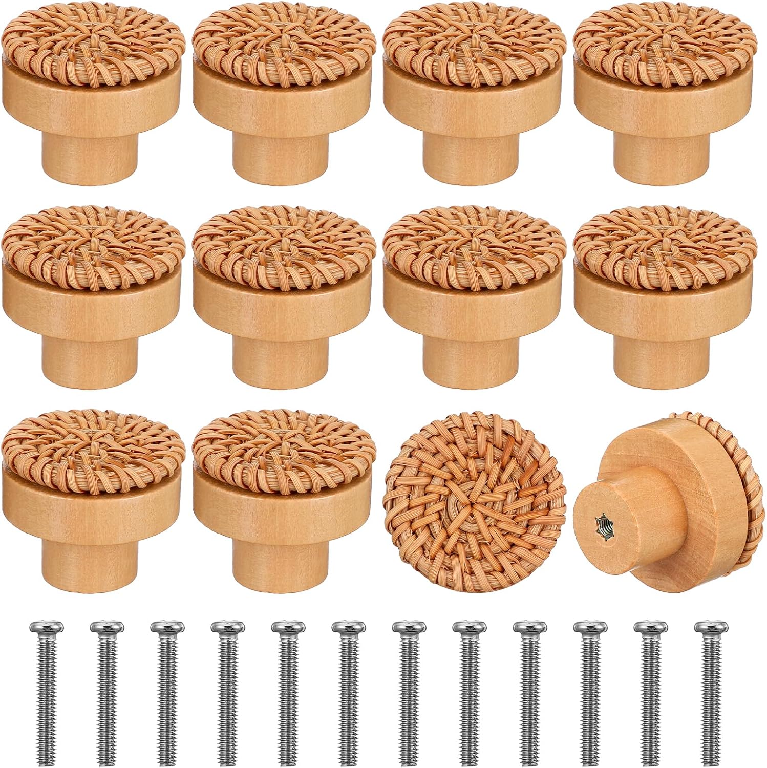 12 Pack Boho Wood Dresser Drawer Knobs, Knobs for Dresser, Handmade Rattan Woven Drawer Knob Pulls with Screws, 4x4x3cm Natural Wood Cabinet Handles for Home & Nursery Furniture