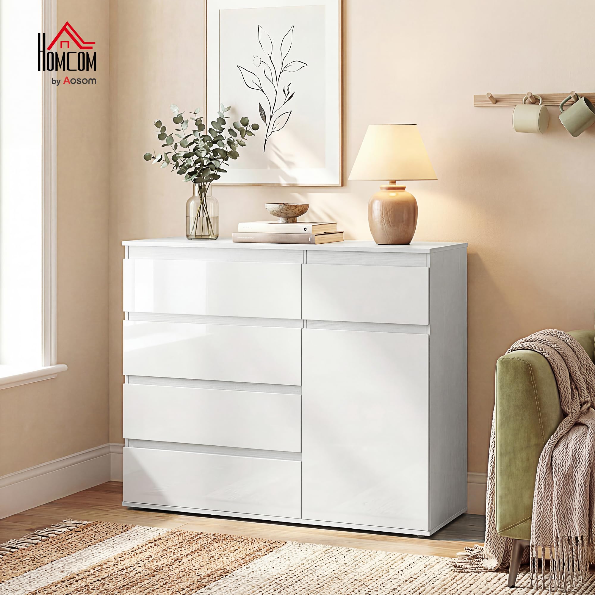 HOMCOM Kommode mit 5 Schubladen, Sideboard Hochglanz Weiß, Schubladenschrank mit verstellbarem Regal und Soft-Close-Tür, für Wohnzimmer und Schlafzimmer, 100 x 40 x 80 cm