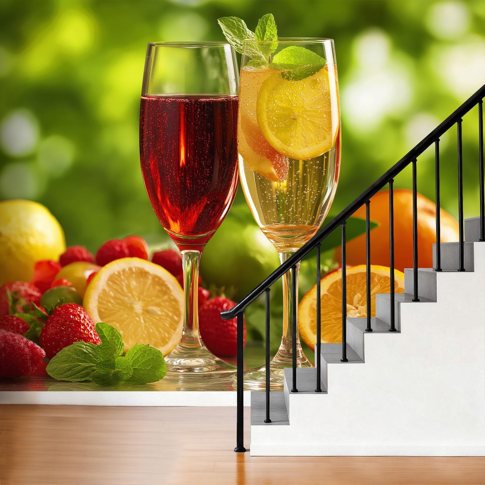 Tapeta 3D owoce wino 250 x 175 cm mural ścienny, na letnie napoje, kuchnia, bar, jadalnia, flizelina, fototapeta, funkcja premium