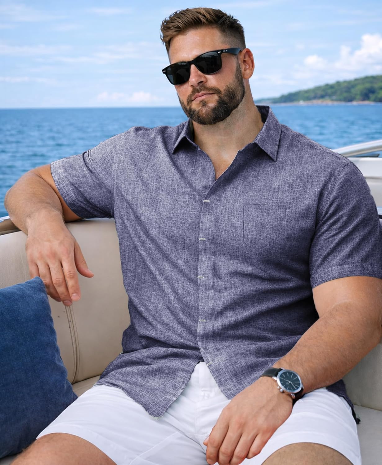 Weecreeture Men’s Big & Tall Linen Short Sleeve Button Up Shirt, Hidden Placket, Breathable Casual Beach Resort, Solid Color