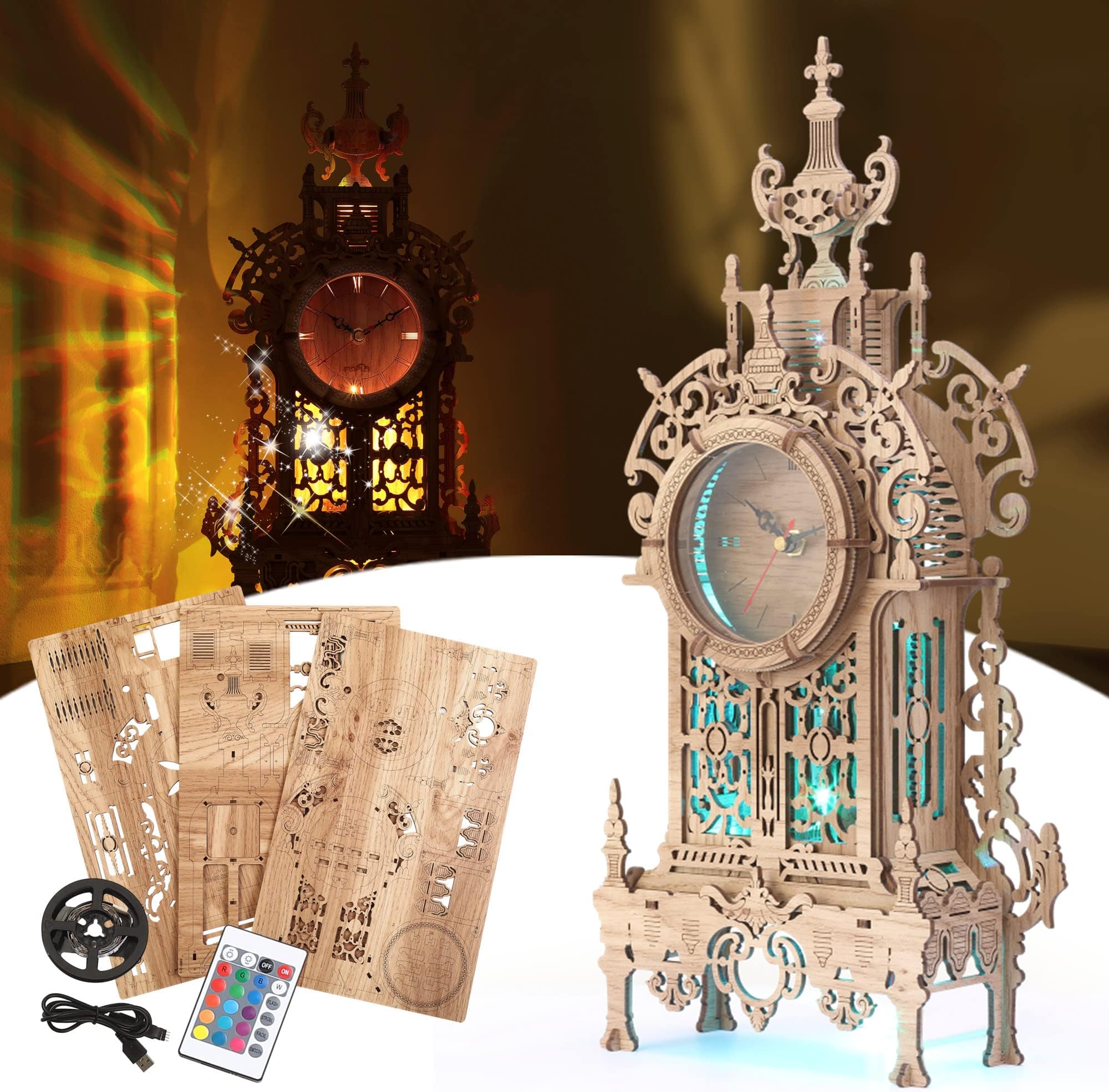 FUNPOLA 3D Wood Puzzle LED Tower Clock，3D puzzle desktop clock model DIY architectural building blocks (TC2)