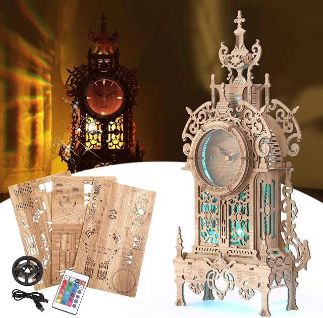FUNPOLA 3D Wood Puzzle LED Tower Clock3D puzzle desktop clock model DIY architectural building blocks (TC1)