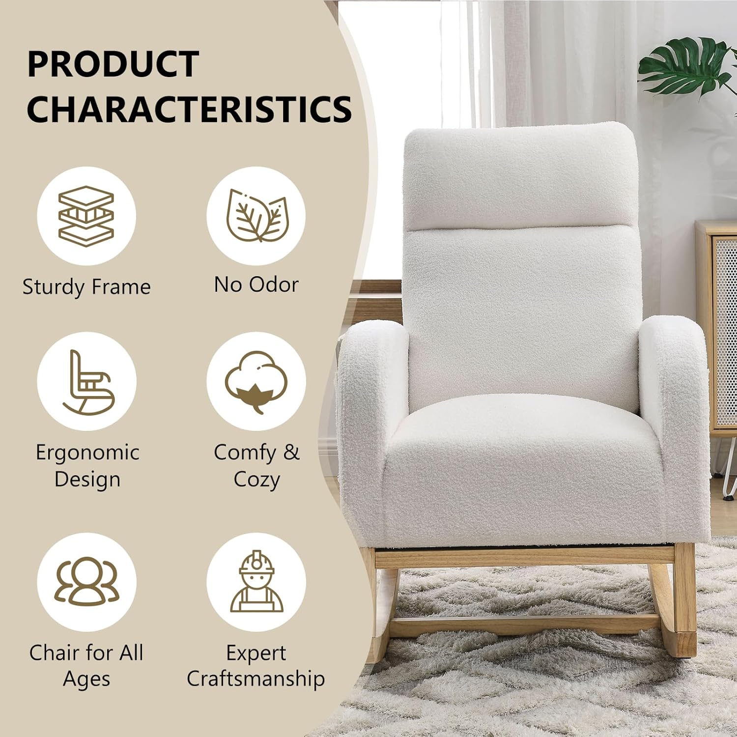 NIOIIKIT Modern Nursery Rocking Chair, Teddy Upholstered Glider Chair with High Back and Side Pocket, Comfy Accent Armchair with Wood Legs, Recliner Chair for Living Room (Ivory Teddy)