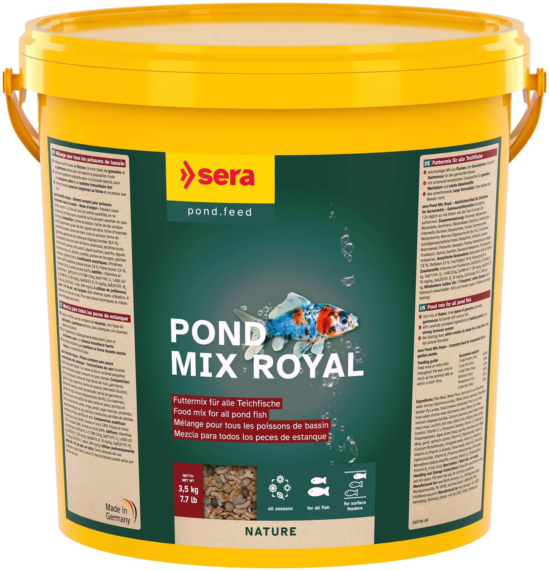 Sera Pond Mix Royal 21 L (3,5 kg) | Mezcla variada para estanques con diversas Especies de Peces | Mezcla nutritiva Que se compone de Escamas, Tres Tipos de granulados y gammarus Enteros
